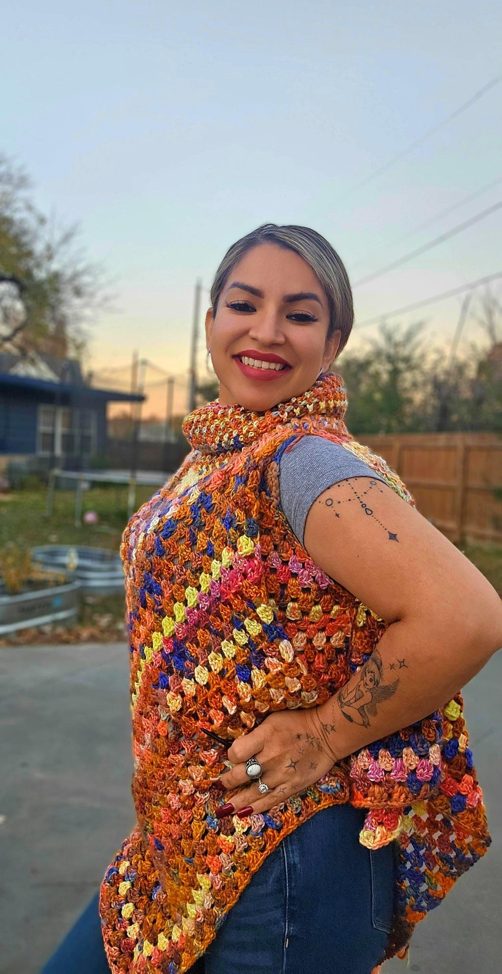 Crochet Open Shoulder Poncho: Orange Spice Fall Colors, M/L