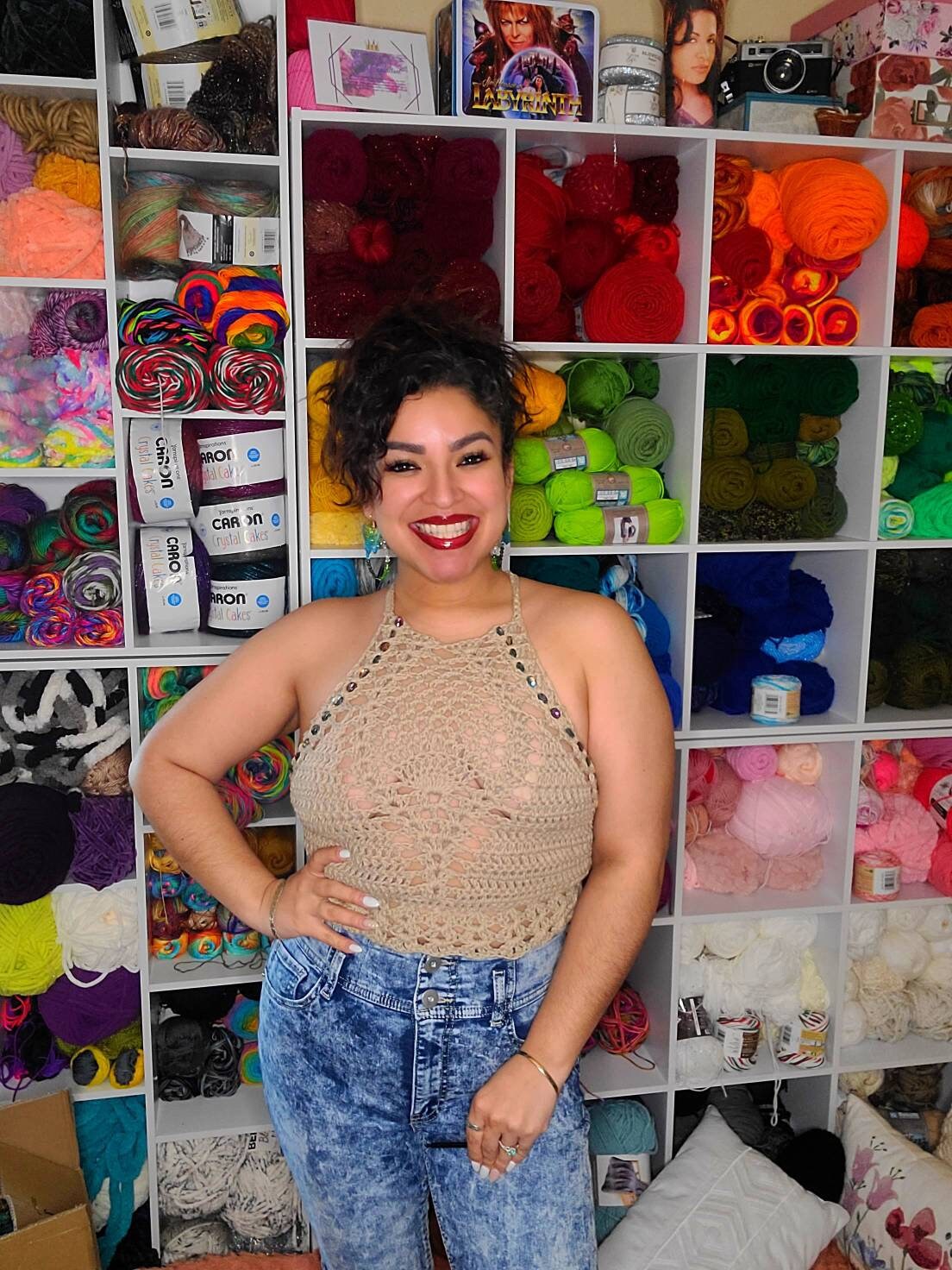 Crochet Beaded Halter Top: Tan Cotton, Size Medium