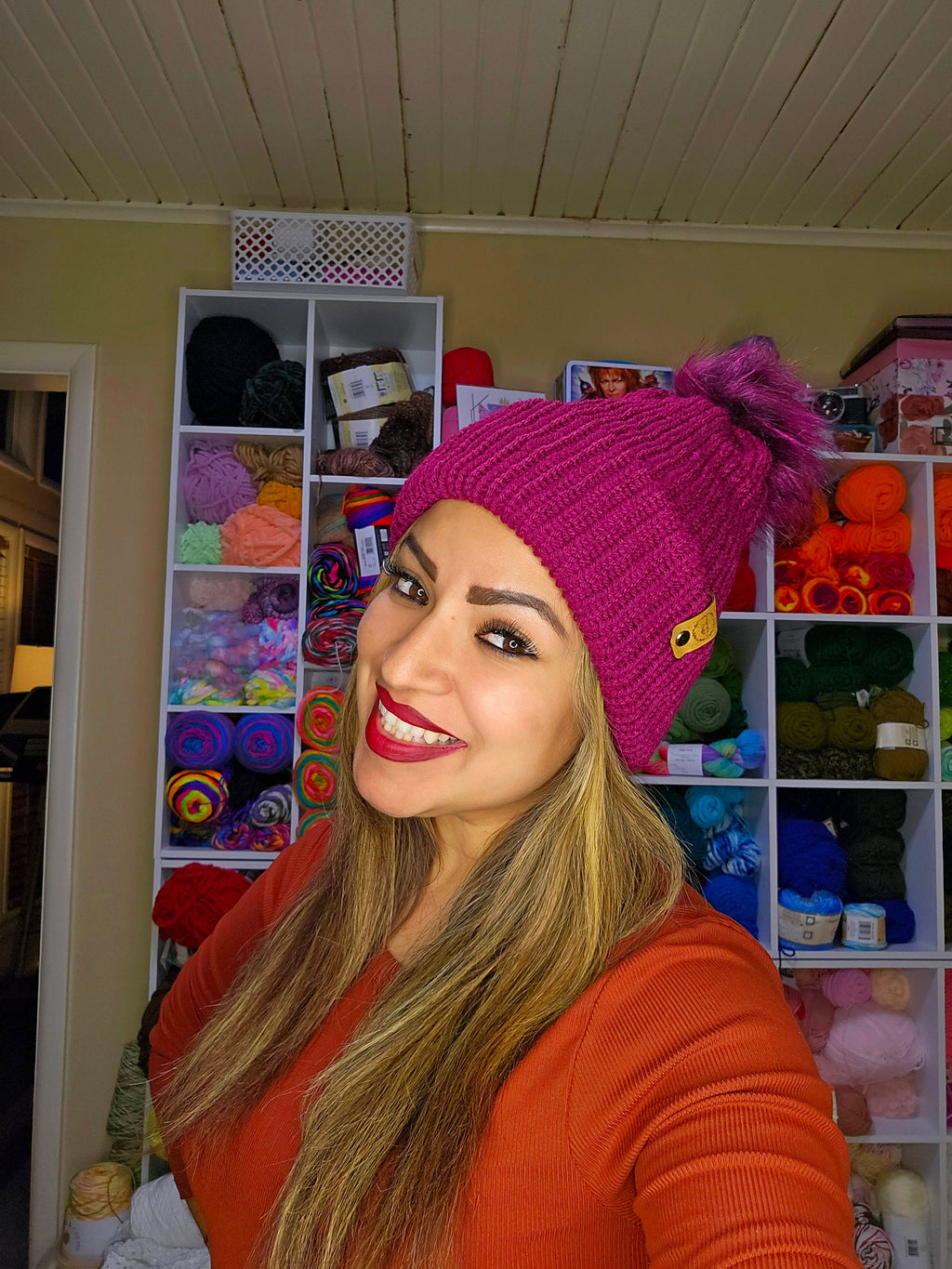 Knit Burgundy Beanie: Soft Acrylic Winter Hat, Removable Pom