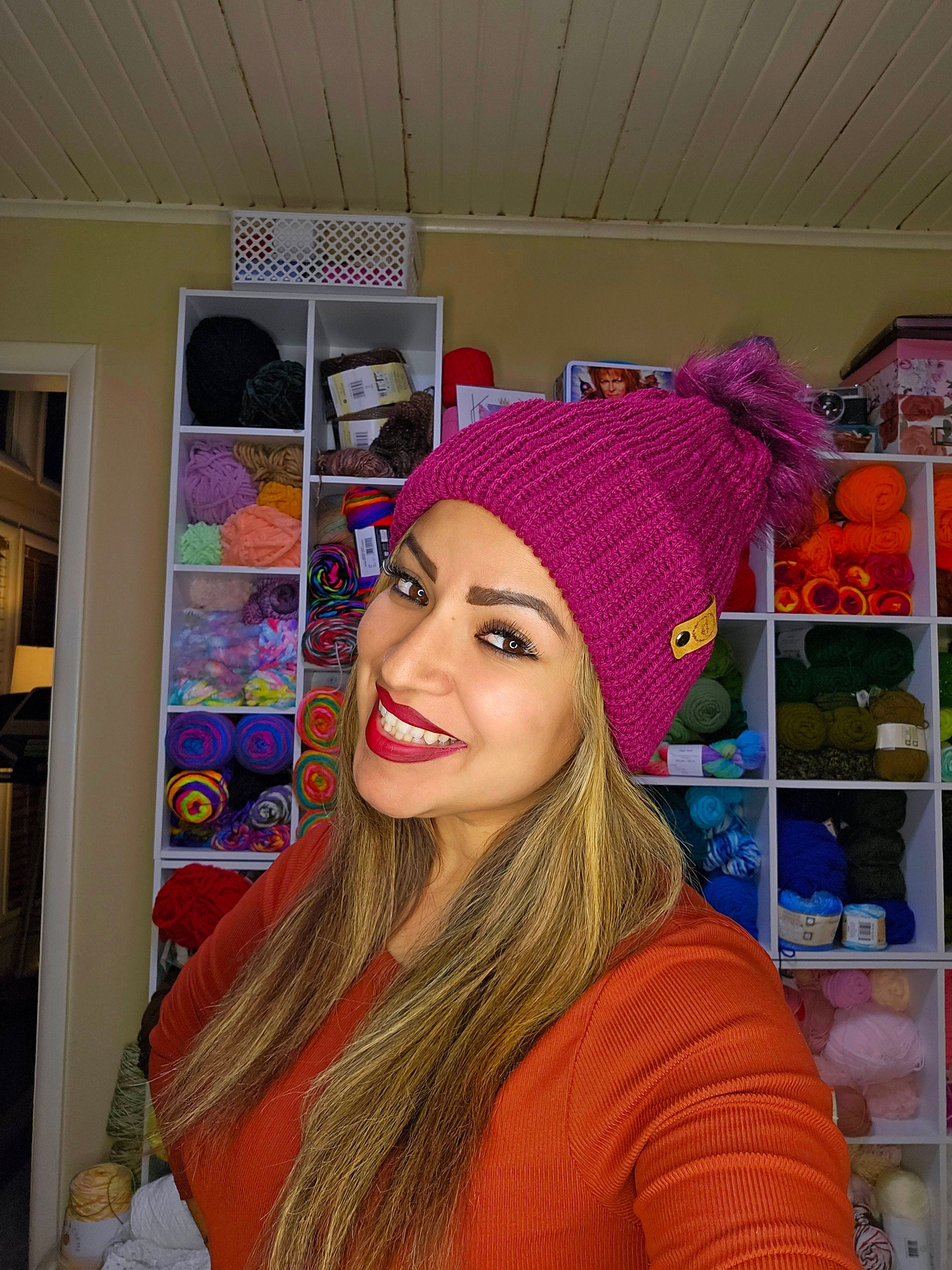 Knit Burgundy Beanie: Soft Acrylic Winter Hat, Removable Pom