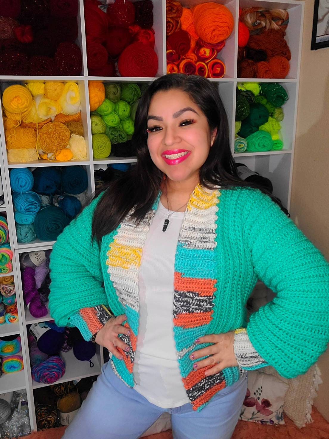 Crochet Love Cardigan Mini Jacket: Jade Green, Multicolor Border (Large)