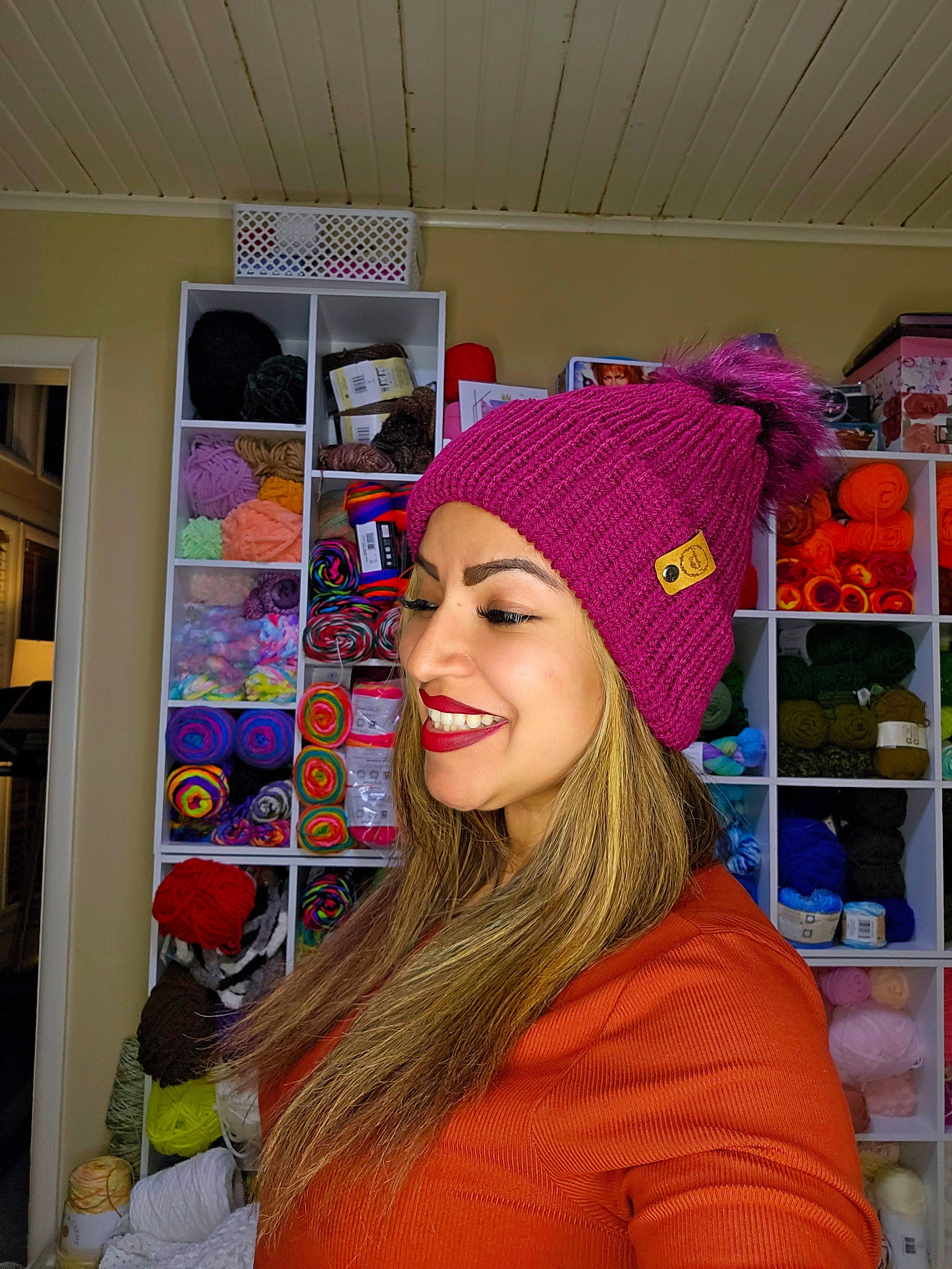 Knit Burgundy Beanie: Soft Acrylic Winter Hat, Removable Pom