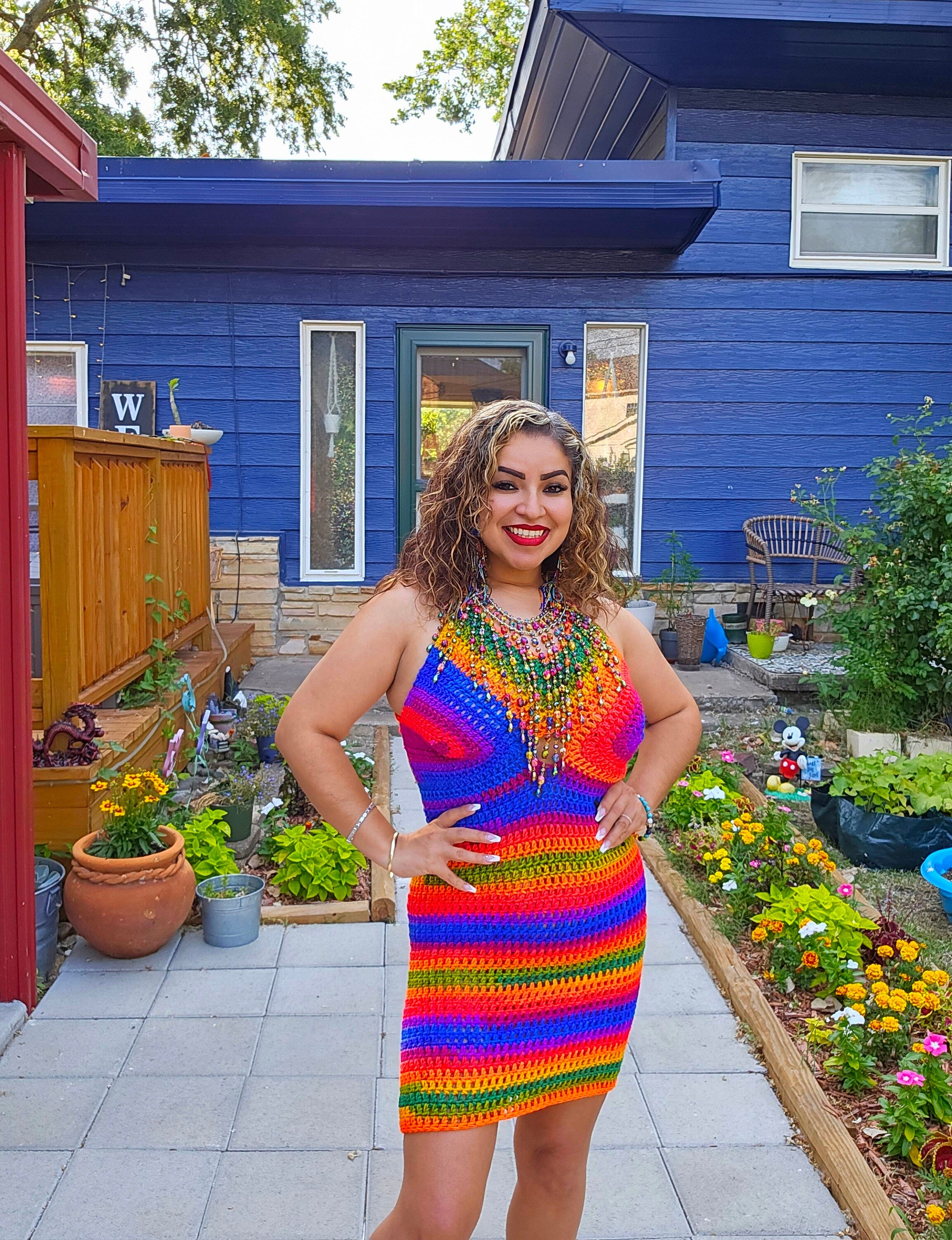 Crochet Rainbow Mini Dress: Adjustable Cup Size, Acrylic Yarn