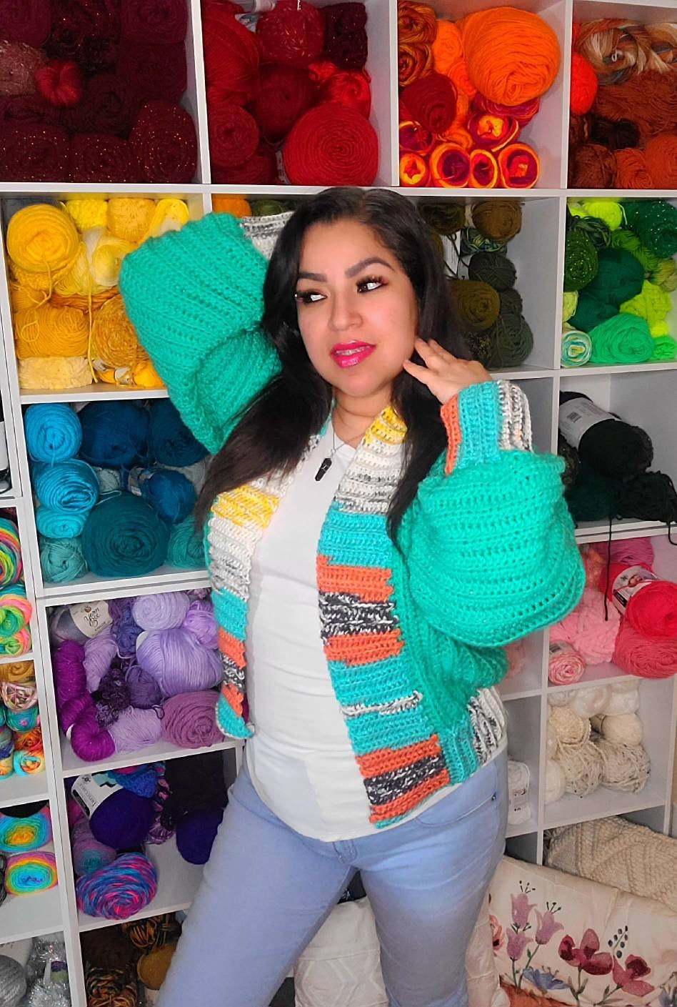 Crochet Love Cardigan Mini Jacket: Jade Green, Multicolor Border (Large)