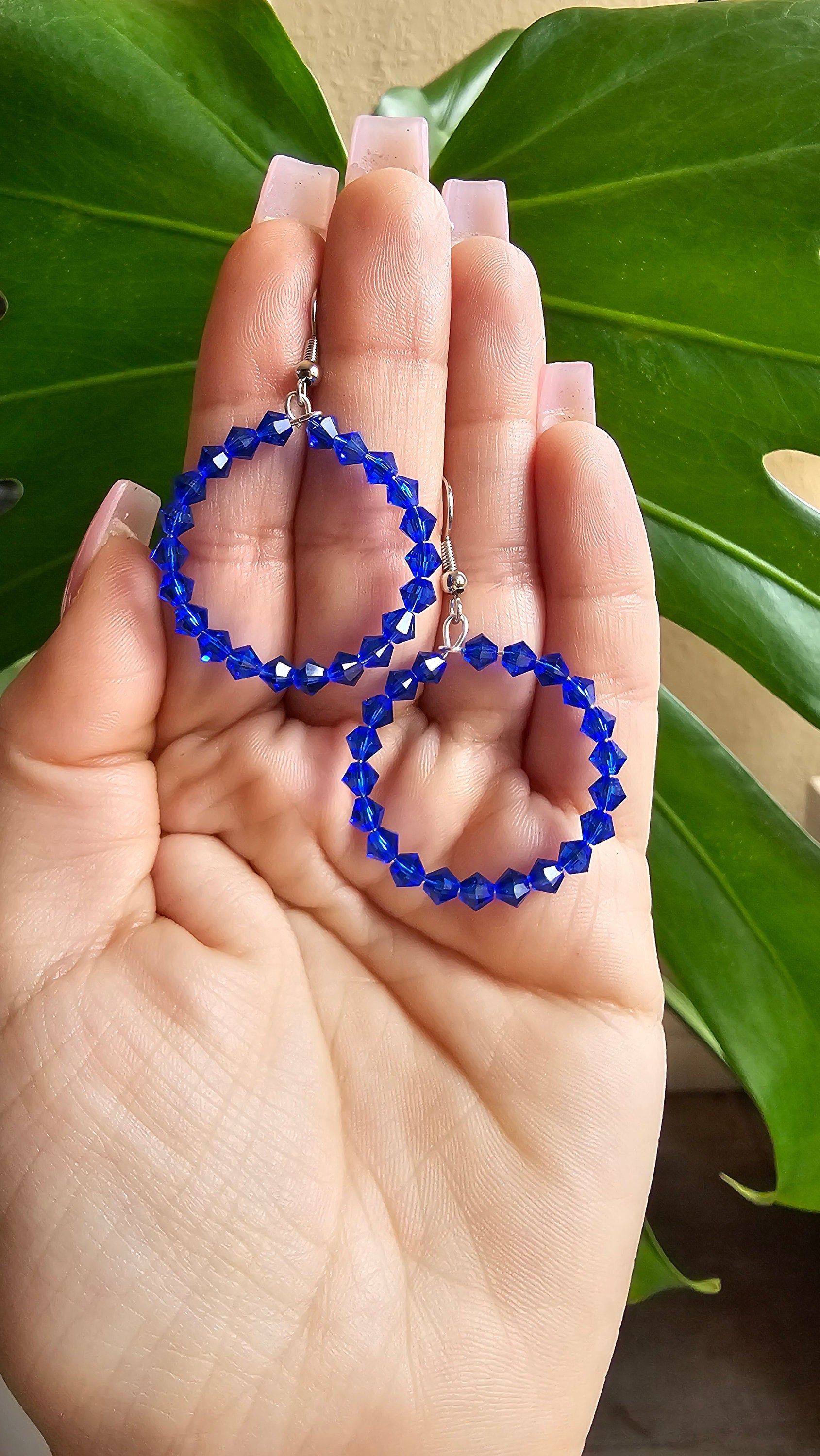 Czech Glass Blue Beaded Hoop Earrings