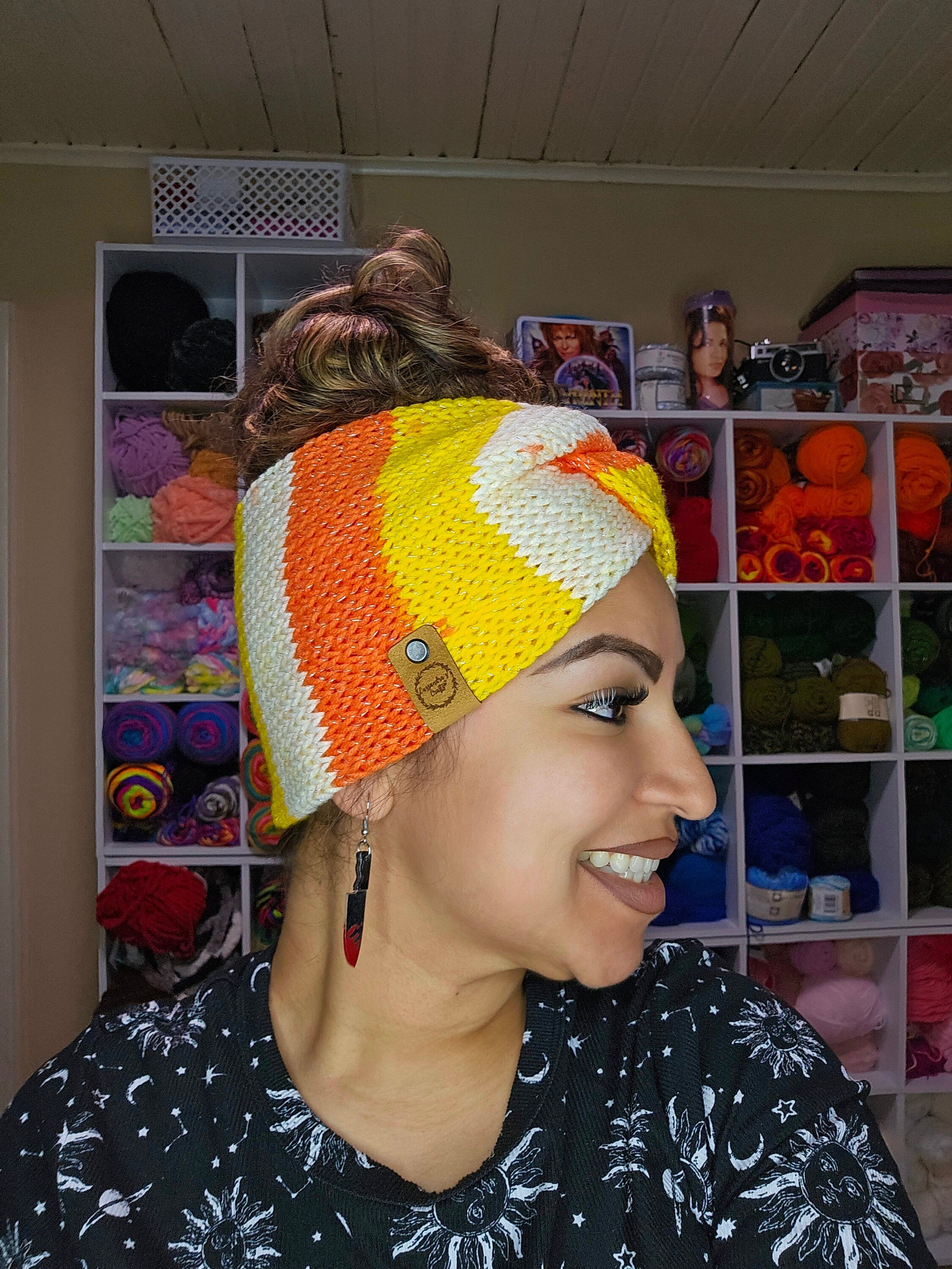 Knit Candy Corn Headband: Sparkle Ear Warmer