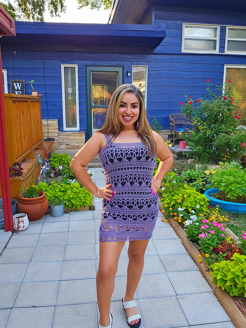 Crochet Lavender Baila Mini Dress: Sheer Microfiber Acrylic