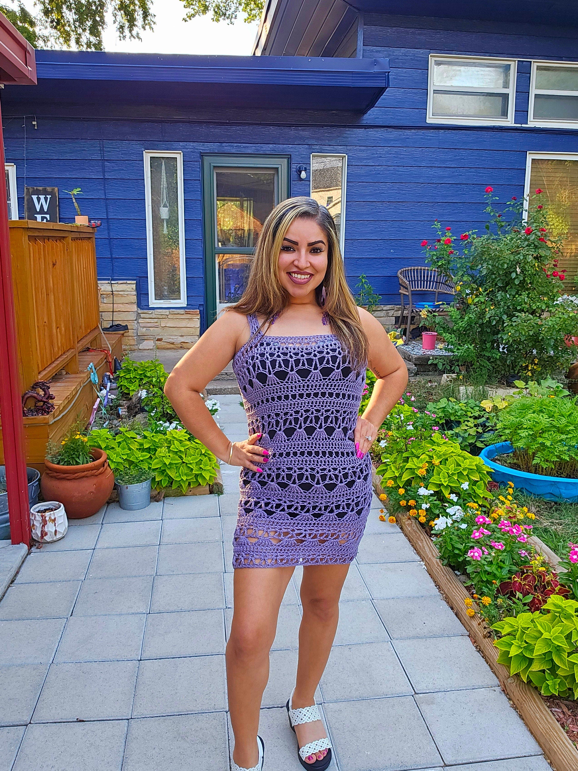 Crochet Lavender Baila Mini Dress: Sheer Microfiber Acrylic