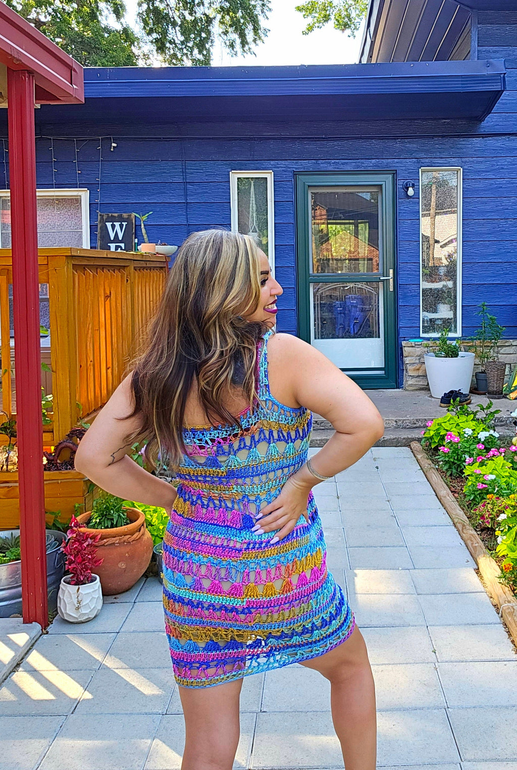 Crochet Mini Dress: Sheer Microfiber, Aqua Purple Gold Hues, Size Medium