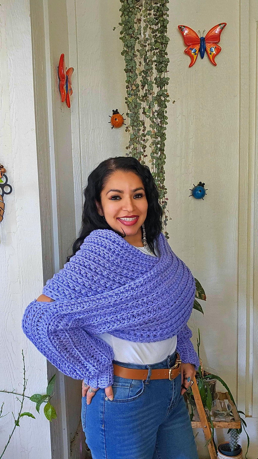 Chunky Periwinkle Crochet Sleeved Wrap