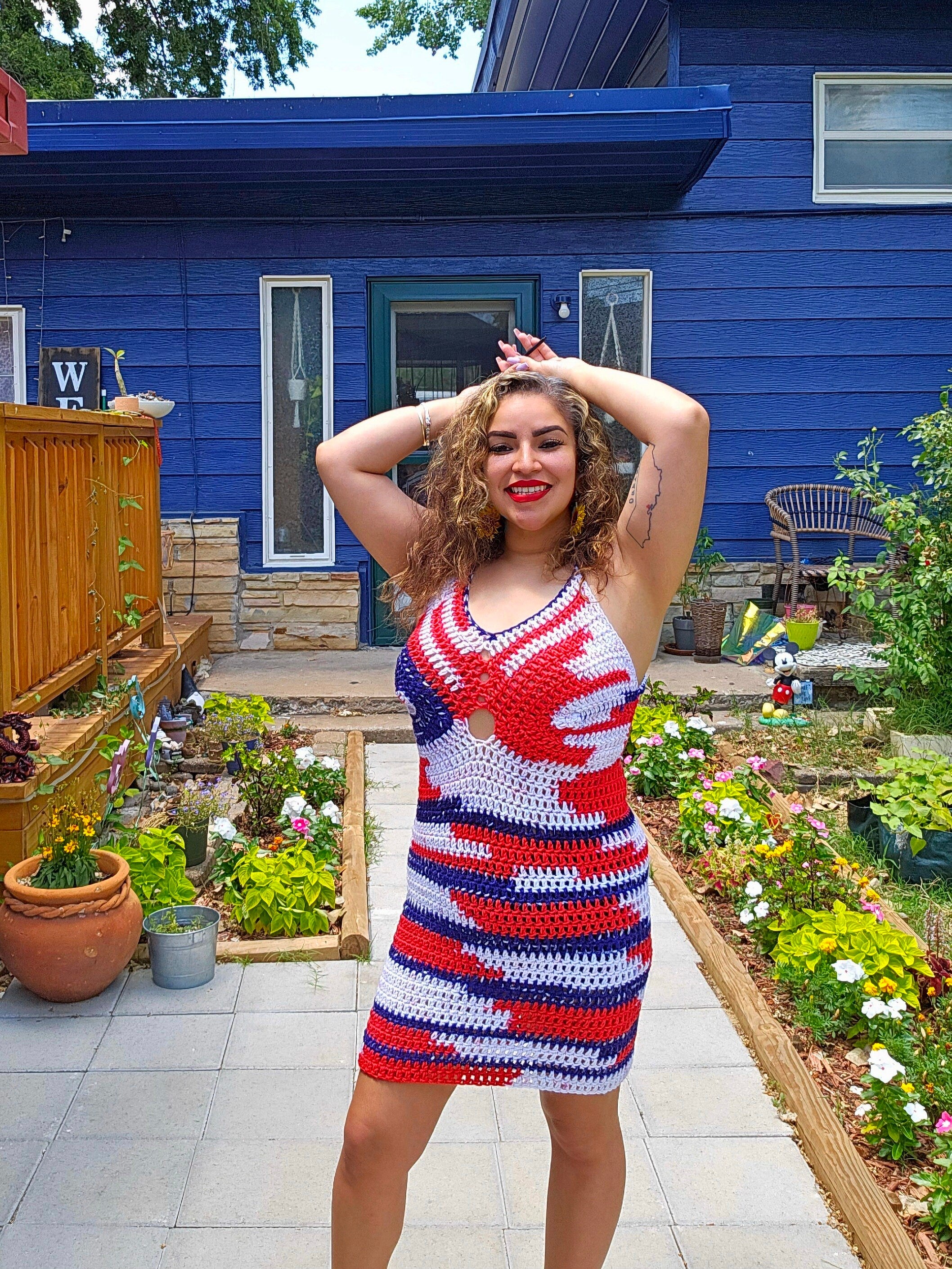 Crochet 'Merica Mini Dress: Adjustable Cup, Stretchy Acrylic