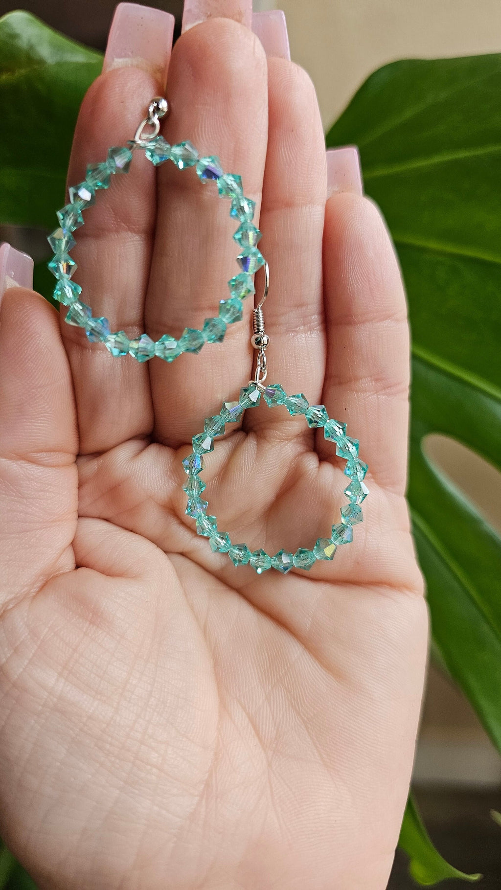 Czech Glass Iridescent Turquoise Beaded Hoop Earrings