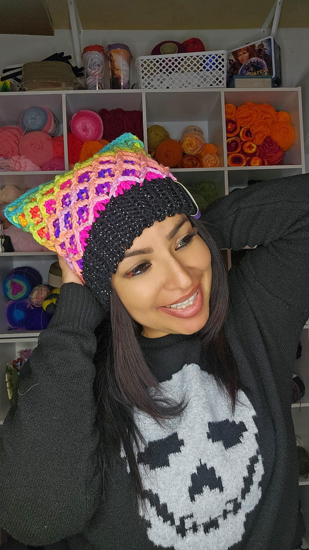 Neon Pink Kitty Beanie, Metallic Crochet Cat Hat