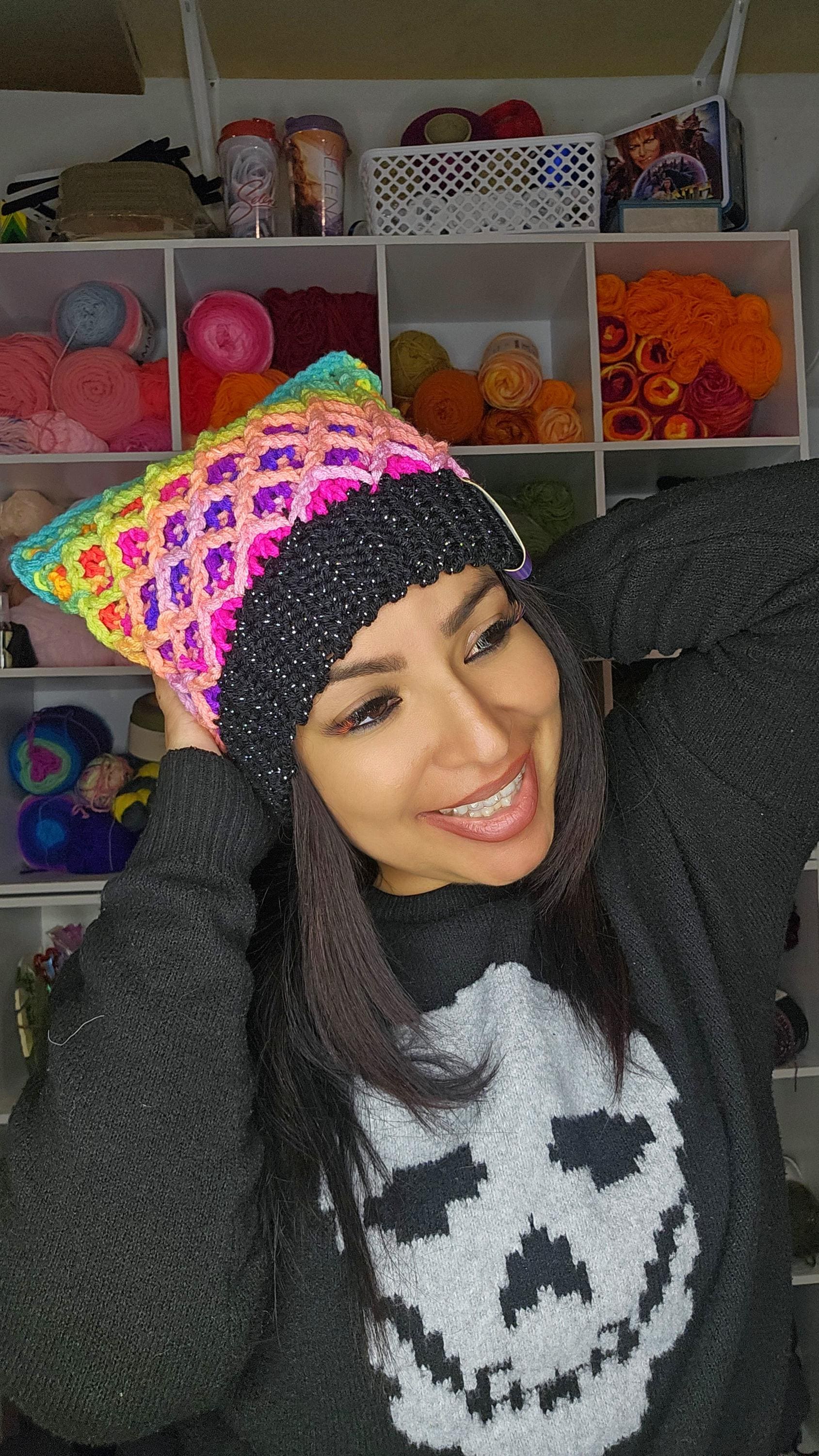 Neon Pink Kitty Beanie, Metallic Crochet Cat Hat