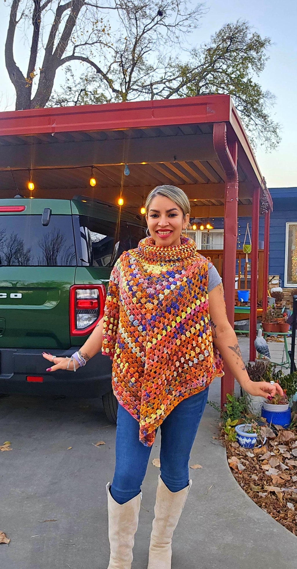 Crochet Open Shoulder Poncho: Orange Spice Fall Colors, M/L