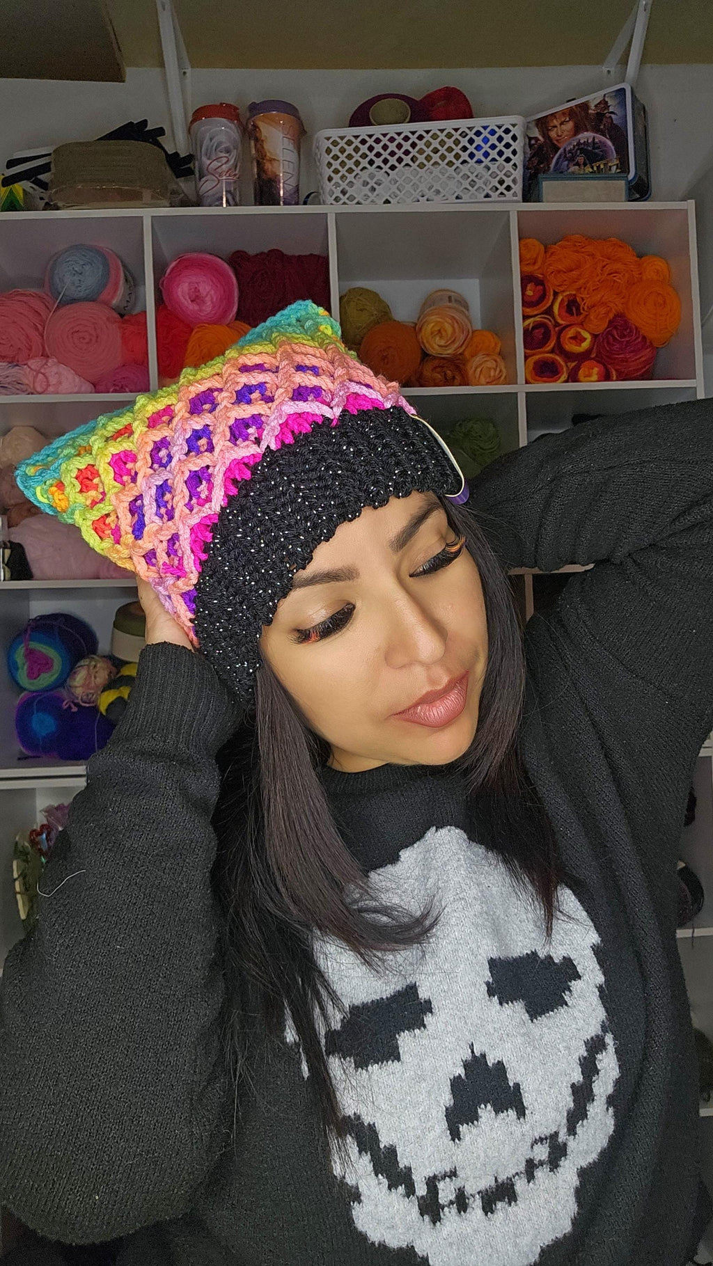 Neon Pink Kitty Beanie, Metallic Crochet Cat Hat