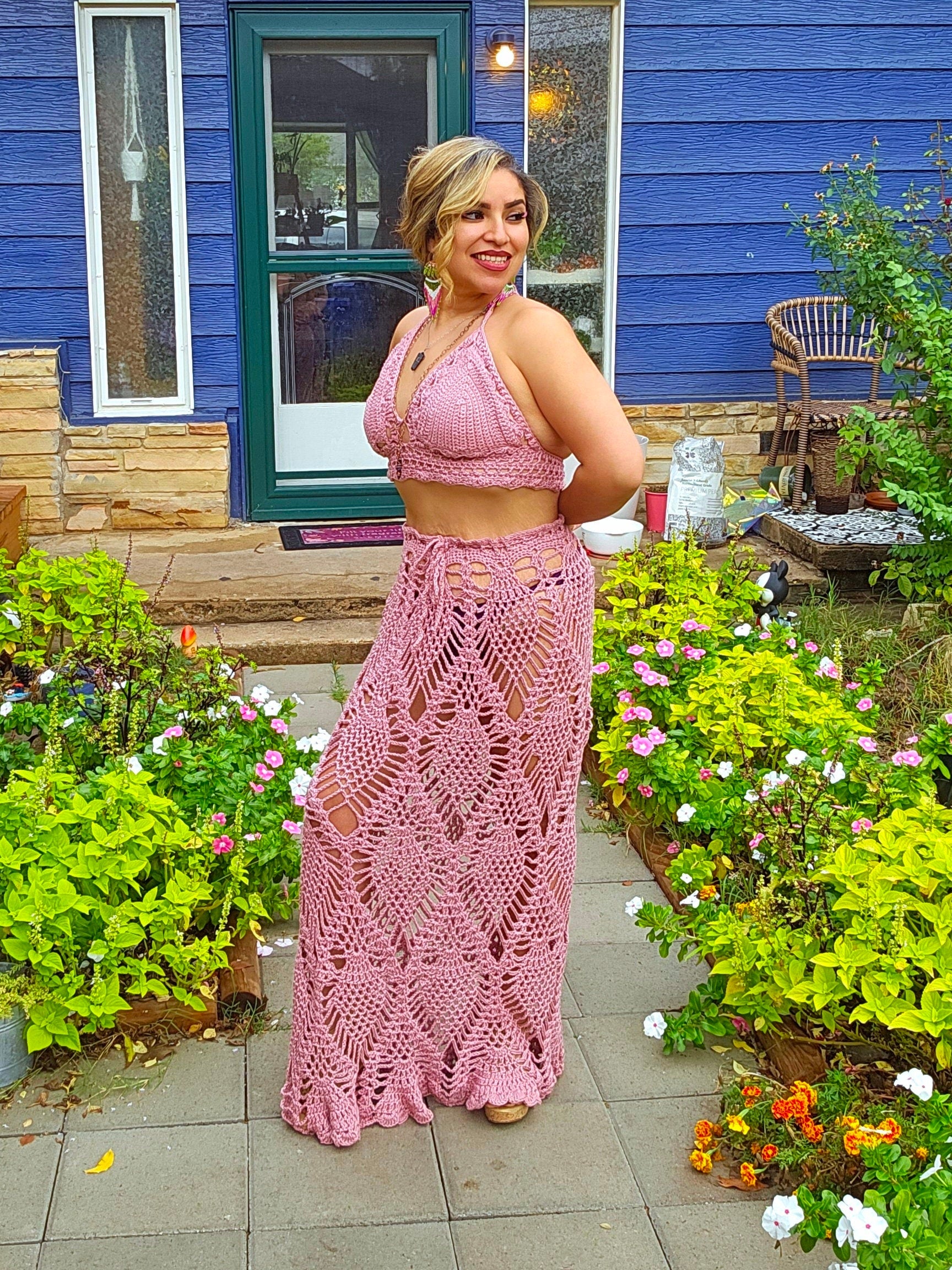 Crochet Rose Top and Skirt Set: Adjustable Cotton Knit