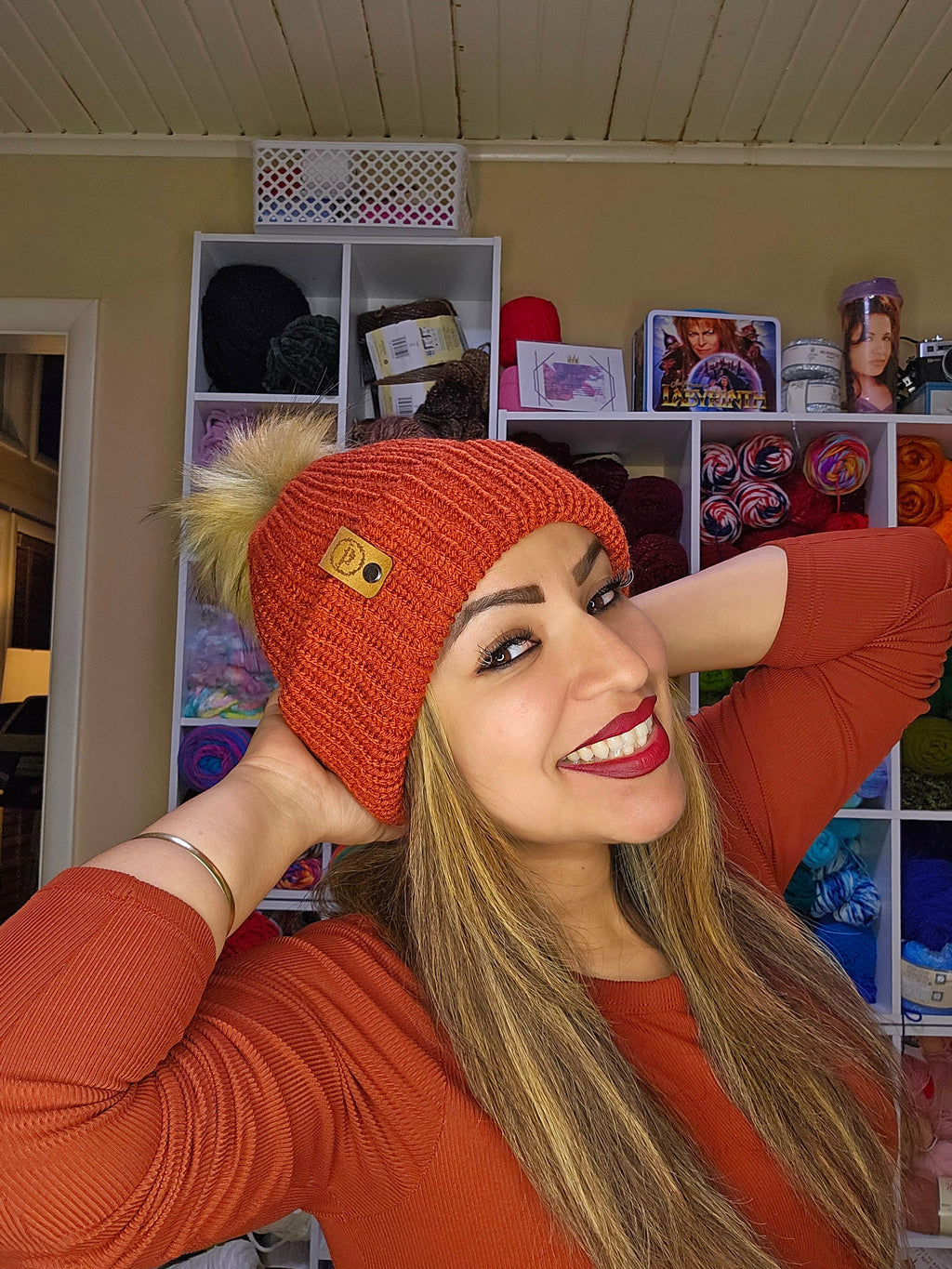 Knit Terra Cotta Beanie: Acrylic Yarn, Removable Pom