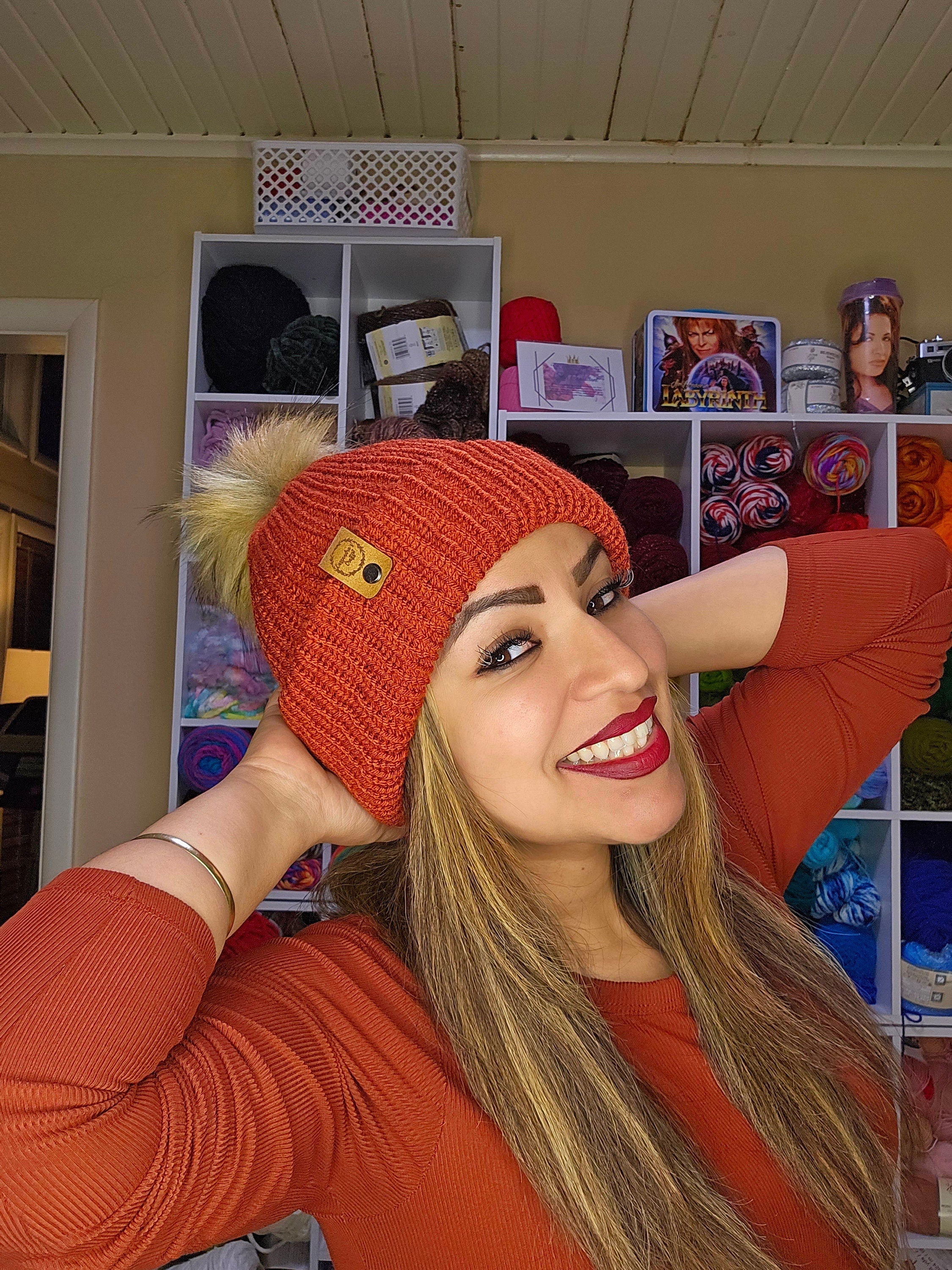 Knit Terra Cotta Beanie: Acrylic Yarn, Removable Pom