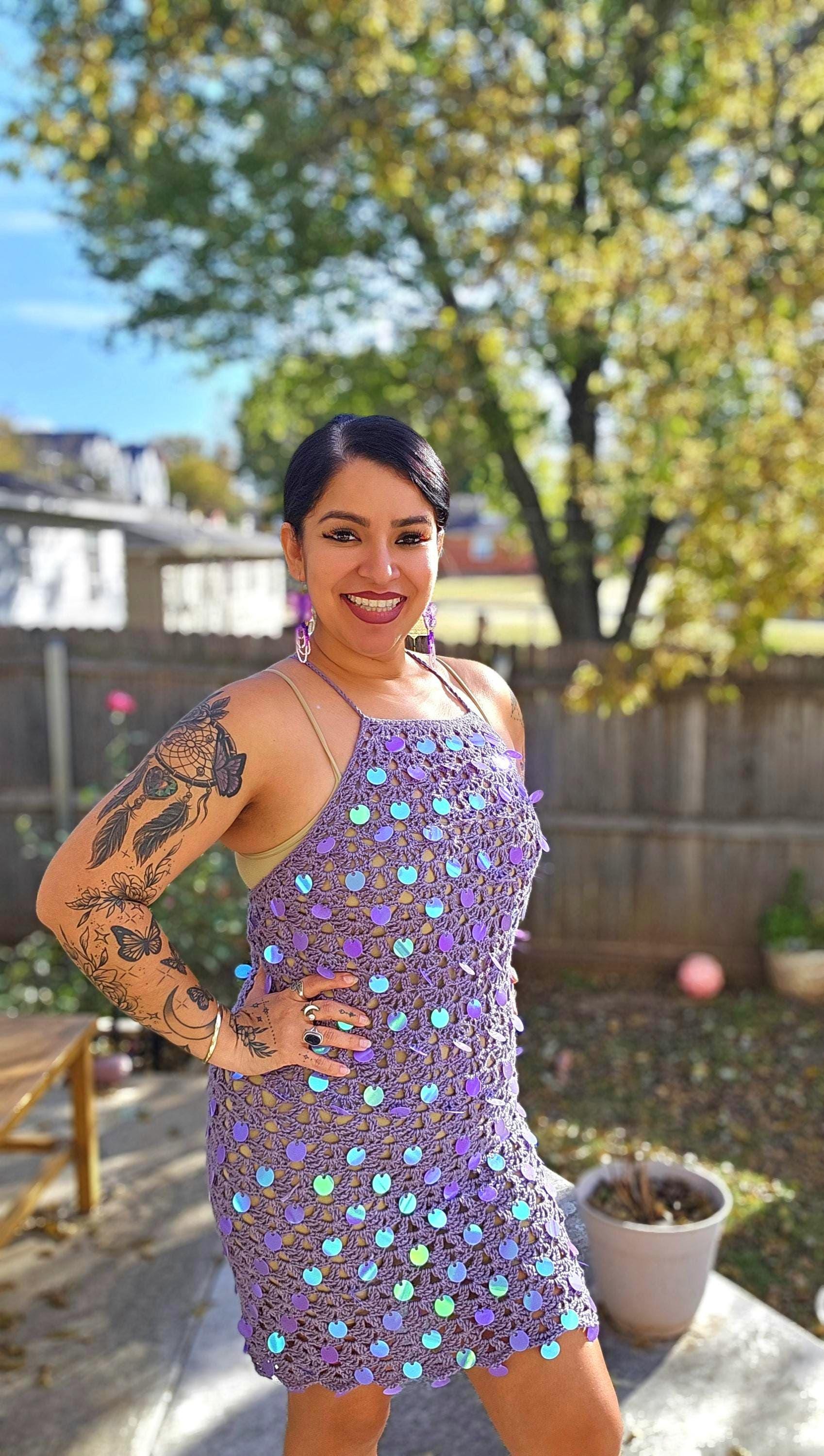 Crochet Astra Mini Dress with holographic sequins