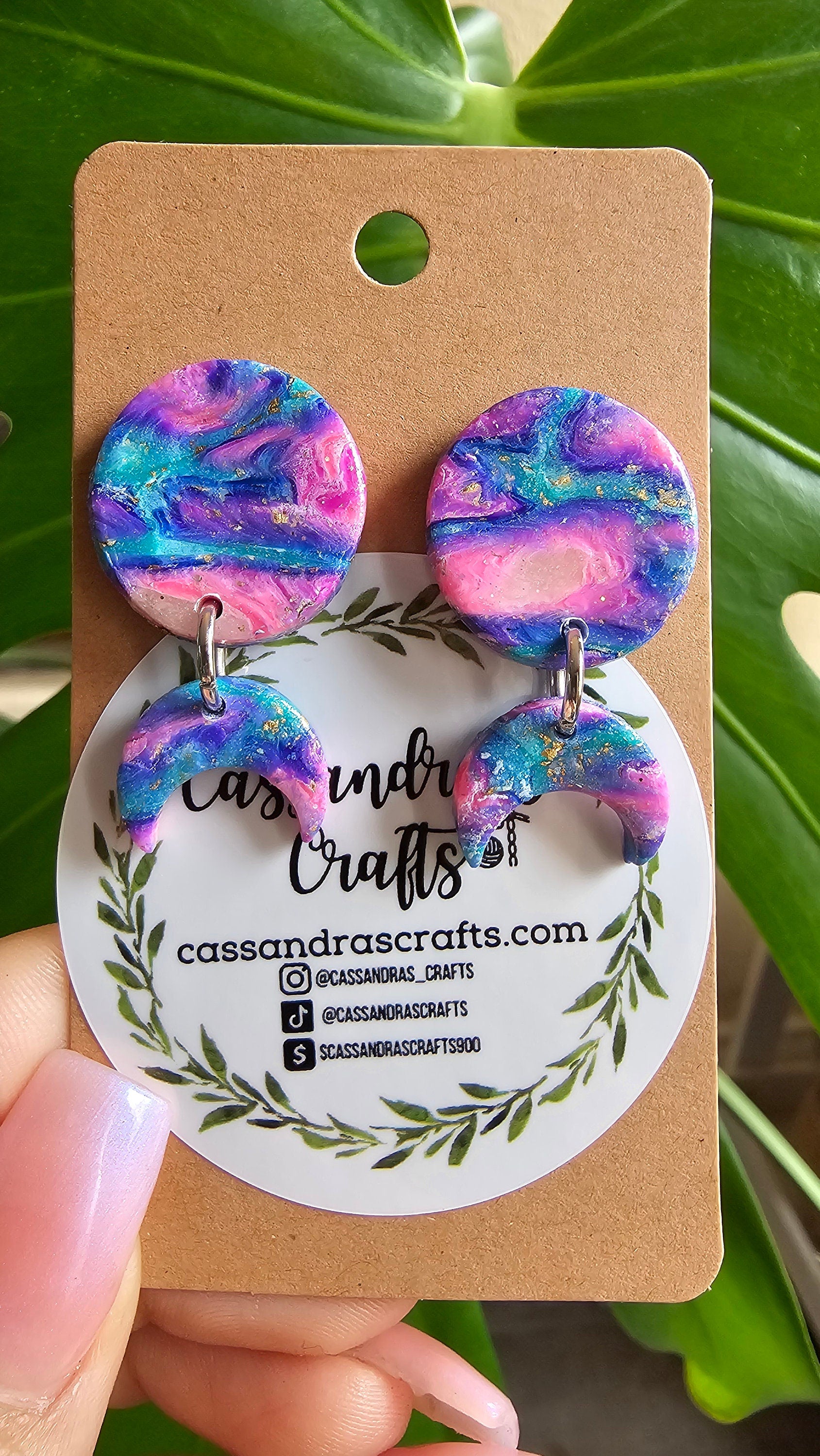 Polymer Clay Teal Pink Moon Earrings