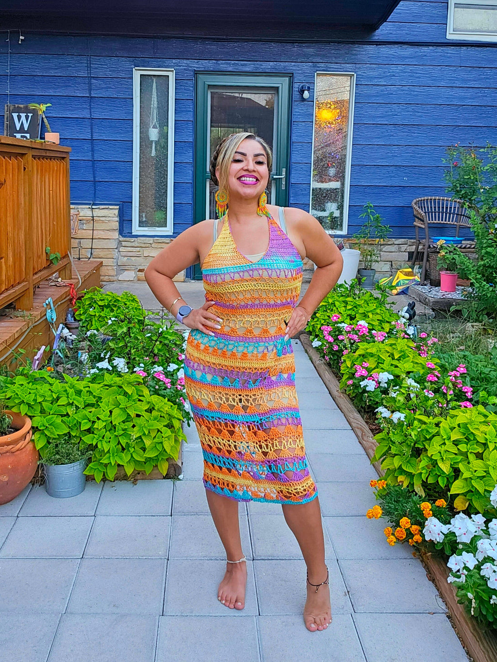 Crochet Sheer Halter Maxi Dress: Teal, Purple, Orange, Yellow - Size Medium