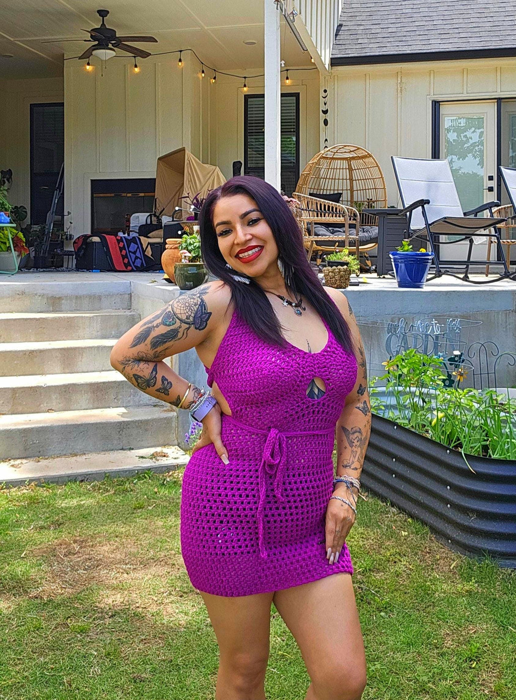 Crochet Mini Dress: Berry Purple Acrylic, Size Small/Medium