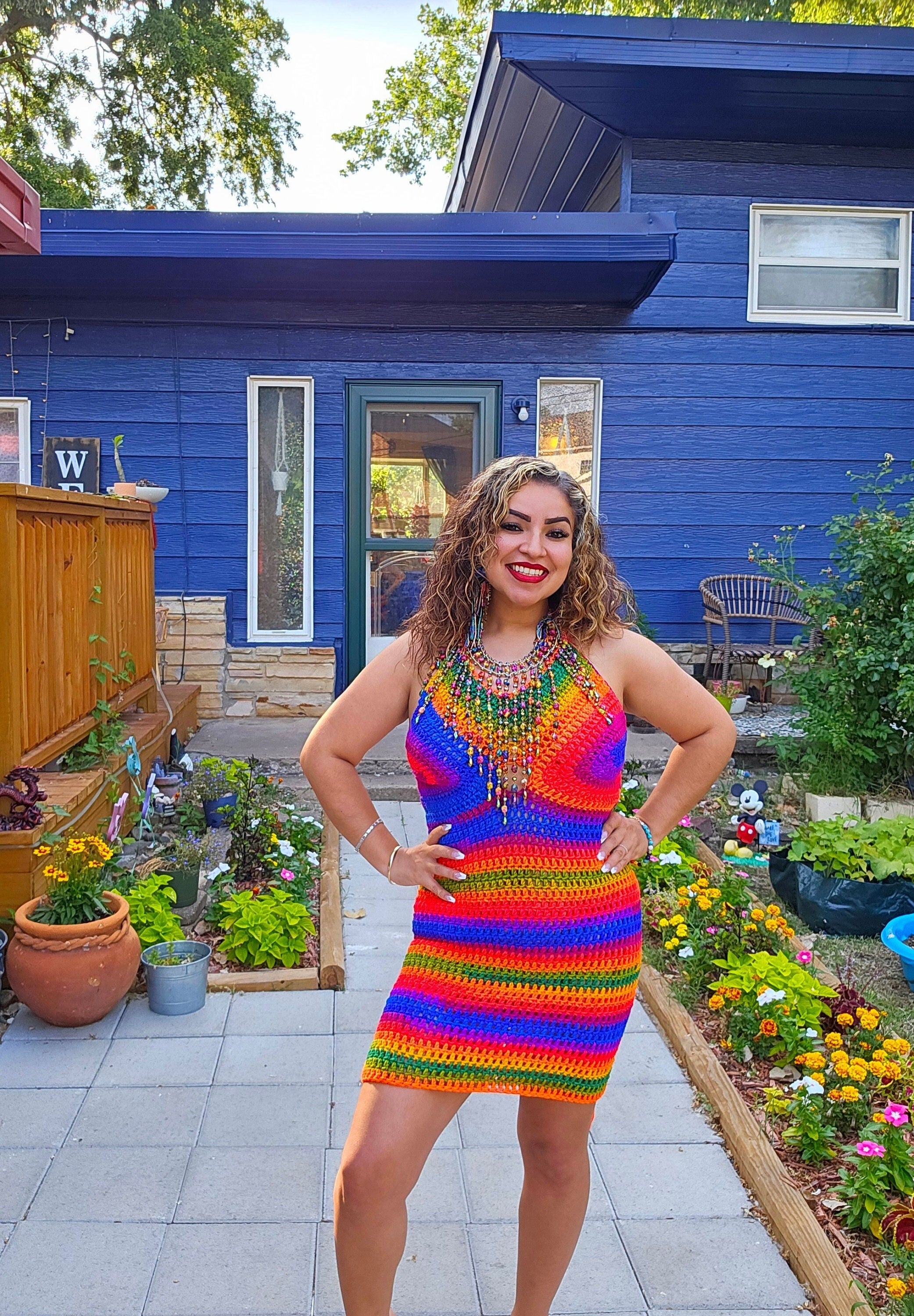 Crochet Rainbow Mini Dress: Adjustable Cup Size, Acrylic Yarn