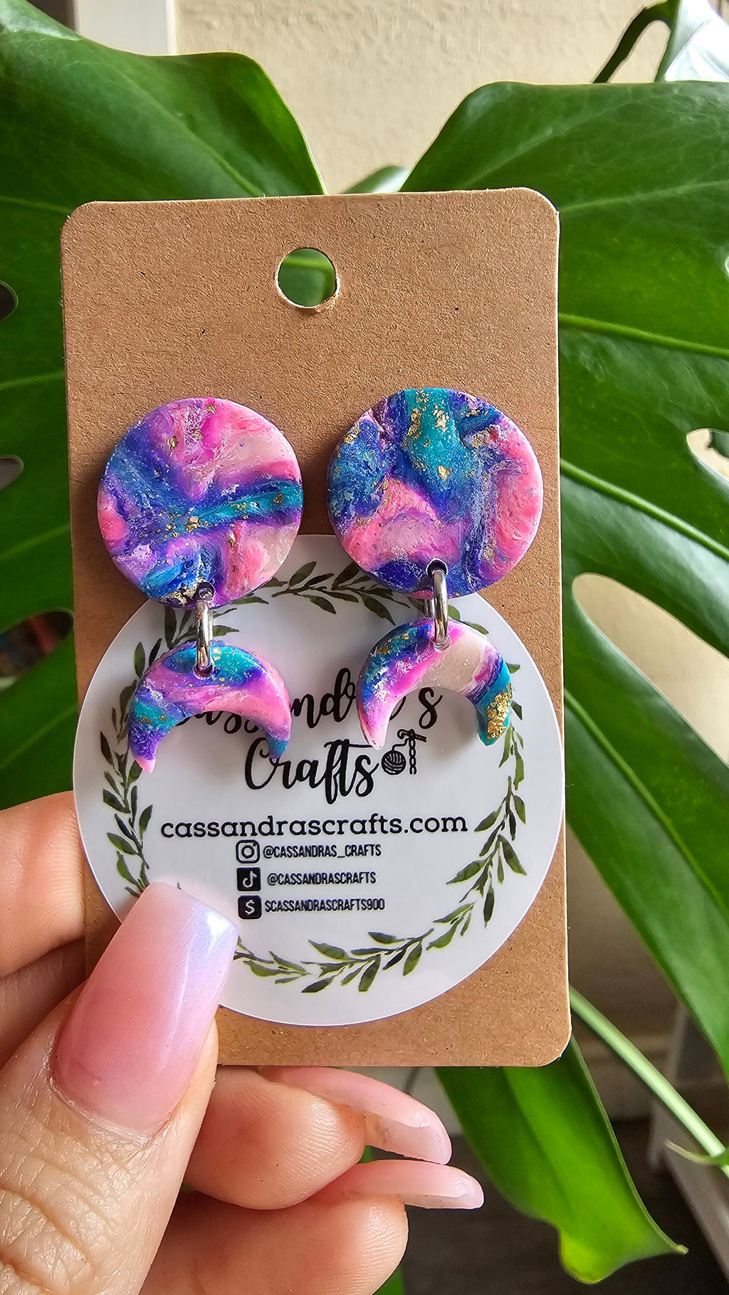 Polymer Clay Teal Pink Moon Earrings