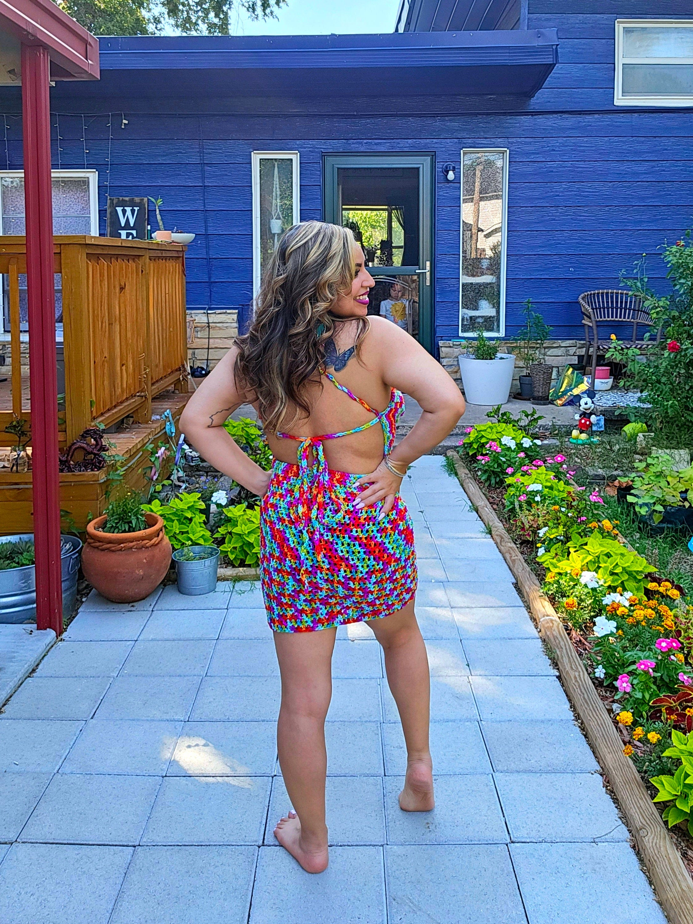 Crochet Mini Dress: Adjustable Cup Size, Acrylic Yarn