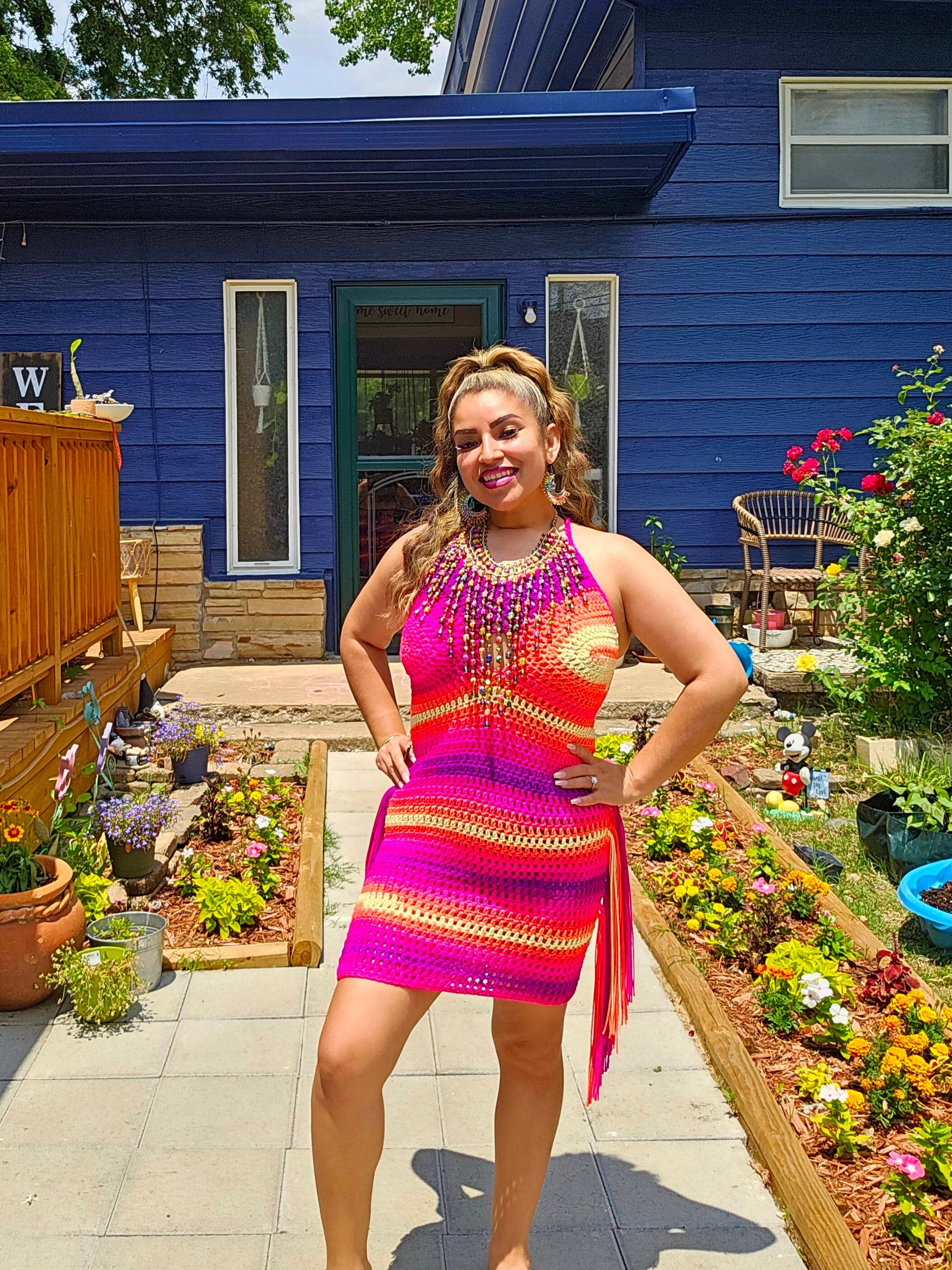 Crochet Sunset Mini Dress: Adjustable Acrylic Yarn