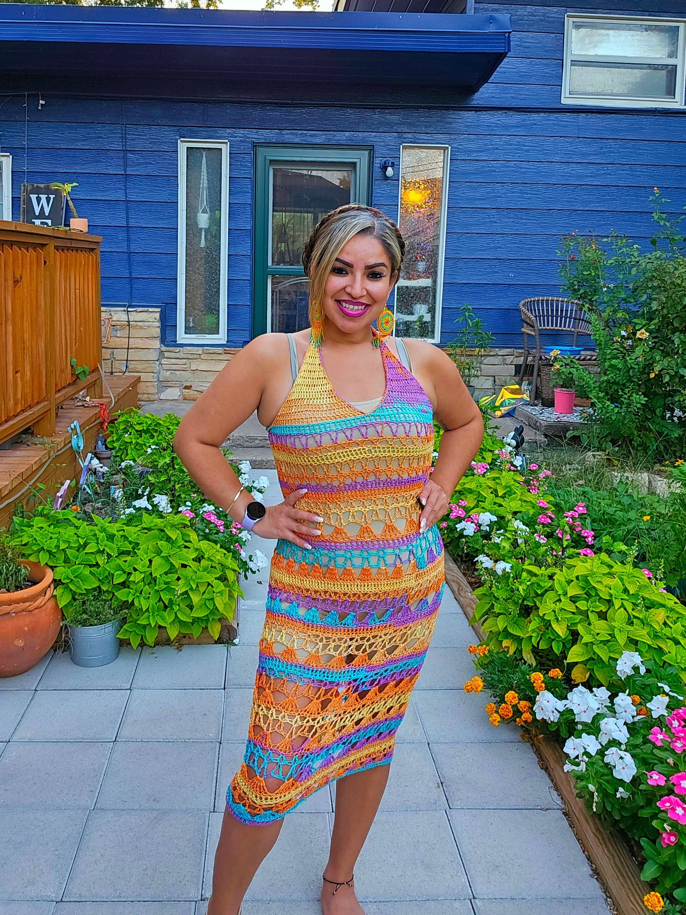 Crochet Sheer Halter Maxi Dress: Teal, Purple, Orange, Yellow - Size Medium