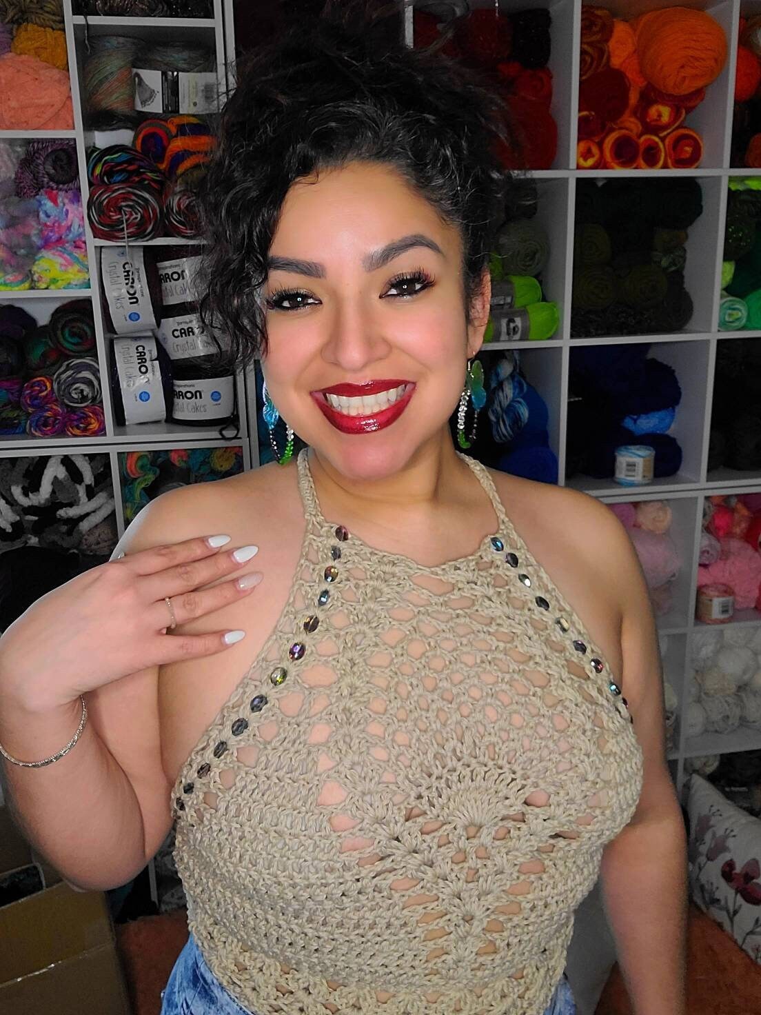 Crochet Beaded Halter Top: Tan Cotton, Size Medium