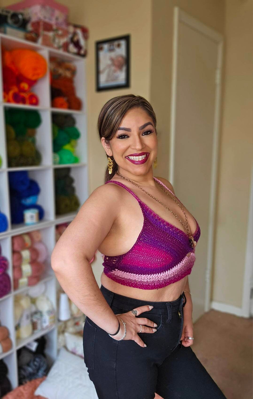 Pink Stardust Crochet Halter Top: Gold Sparkle Acrylic Crop Top