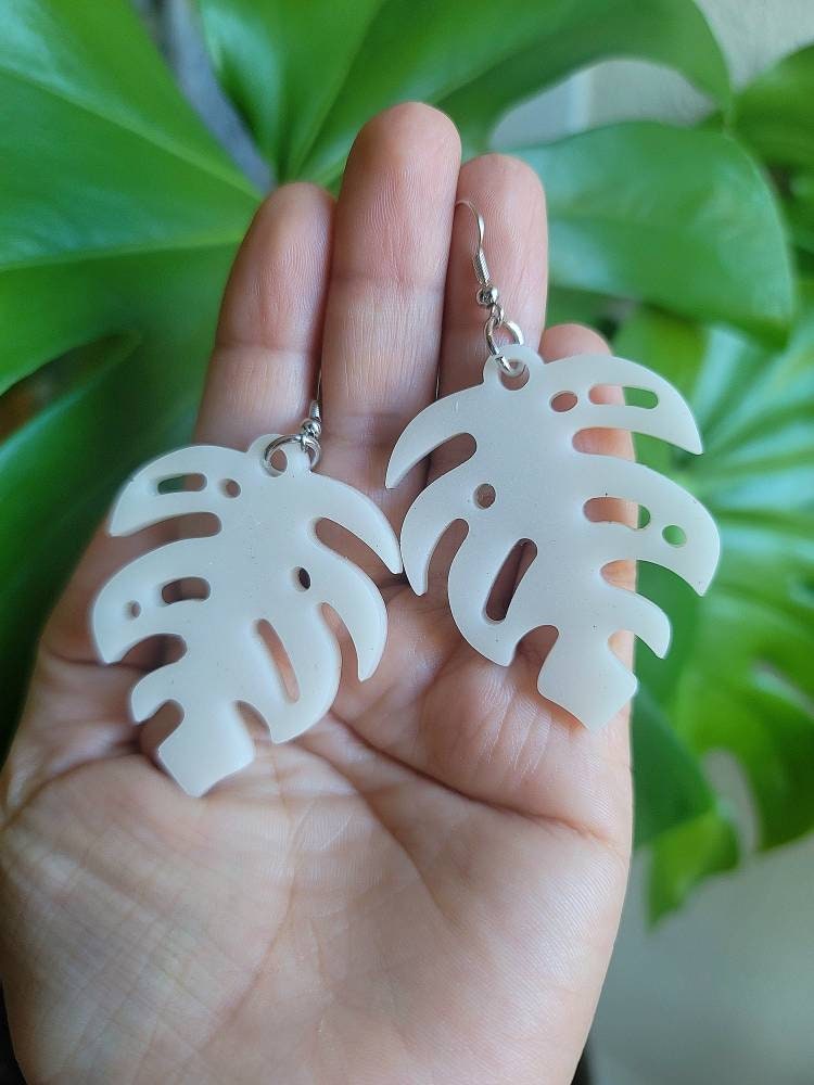 Epoxy Resin Monstera White Leaf Earrings