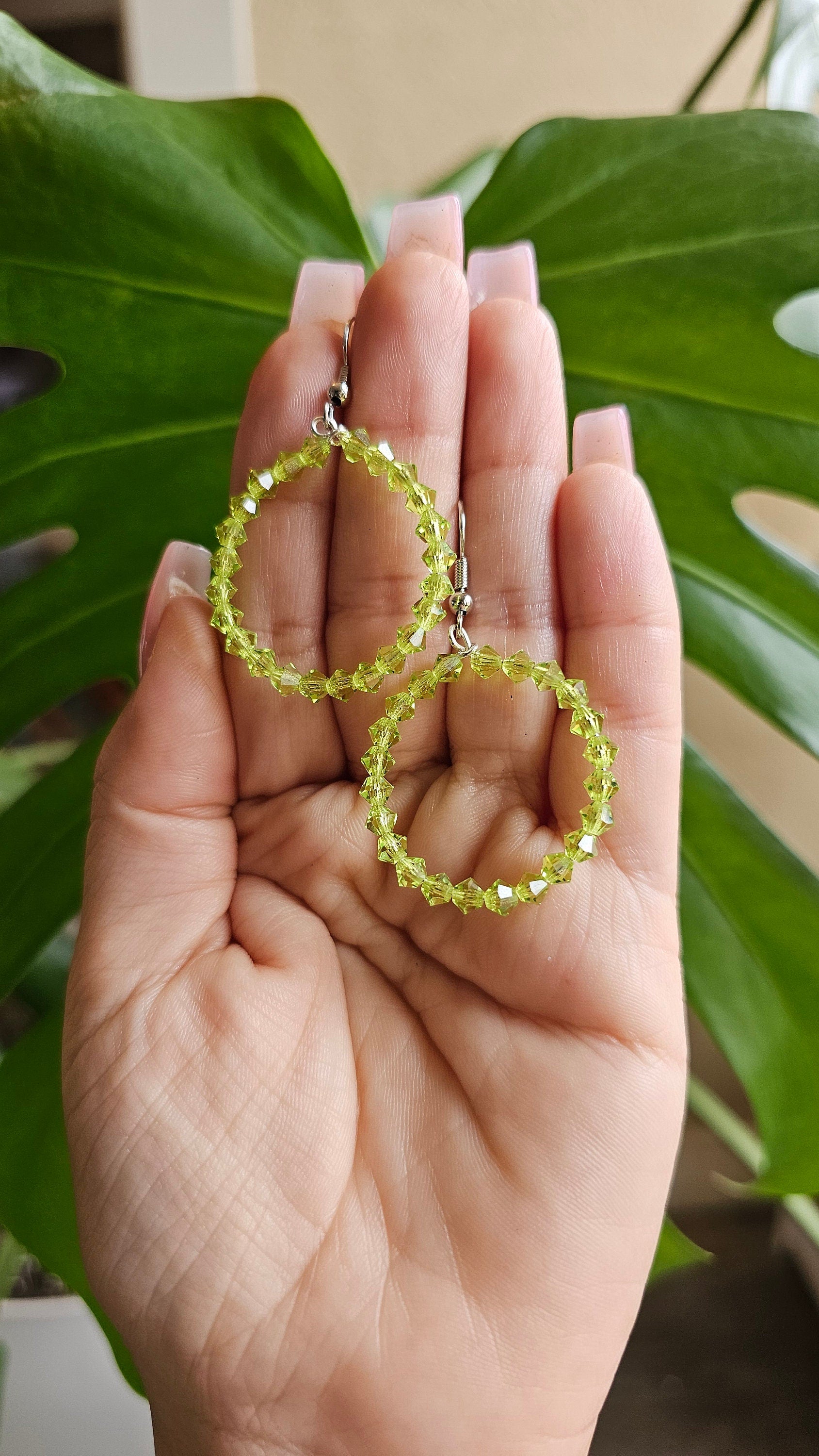 Czech Glass Green Beaded Hoop Earrings