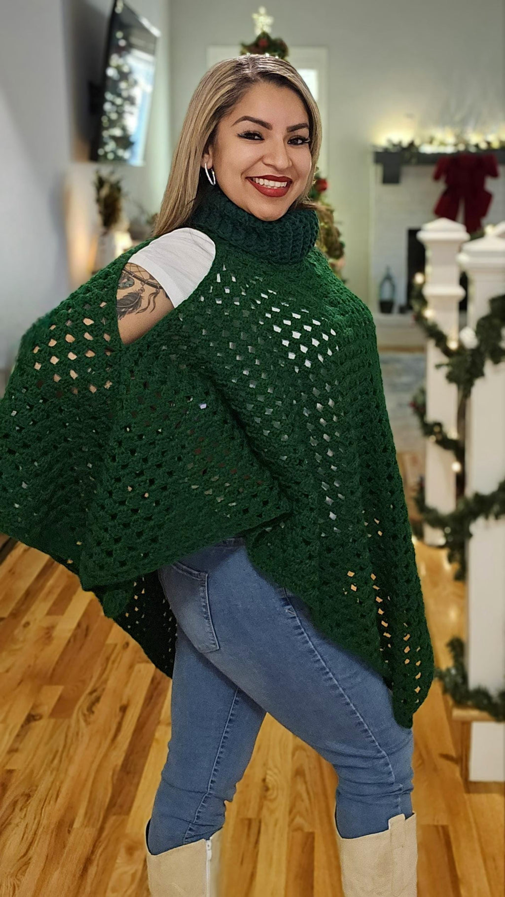 Crochet Open Shoulder Poncho: Wintergreen Acrylic, Size M/L