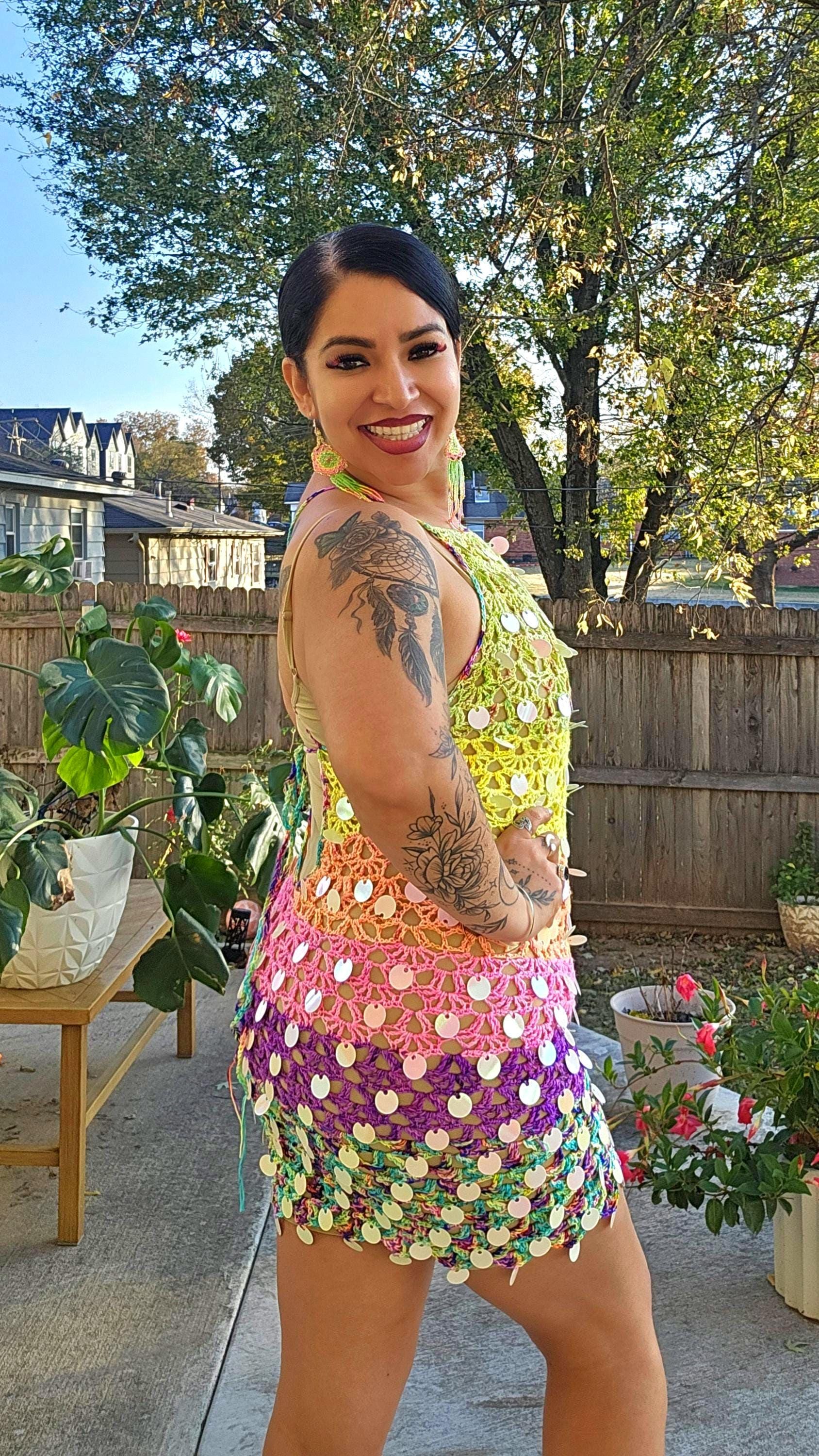 Crochet Astra Mini Dress with holographic sequins