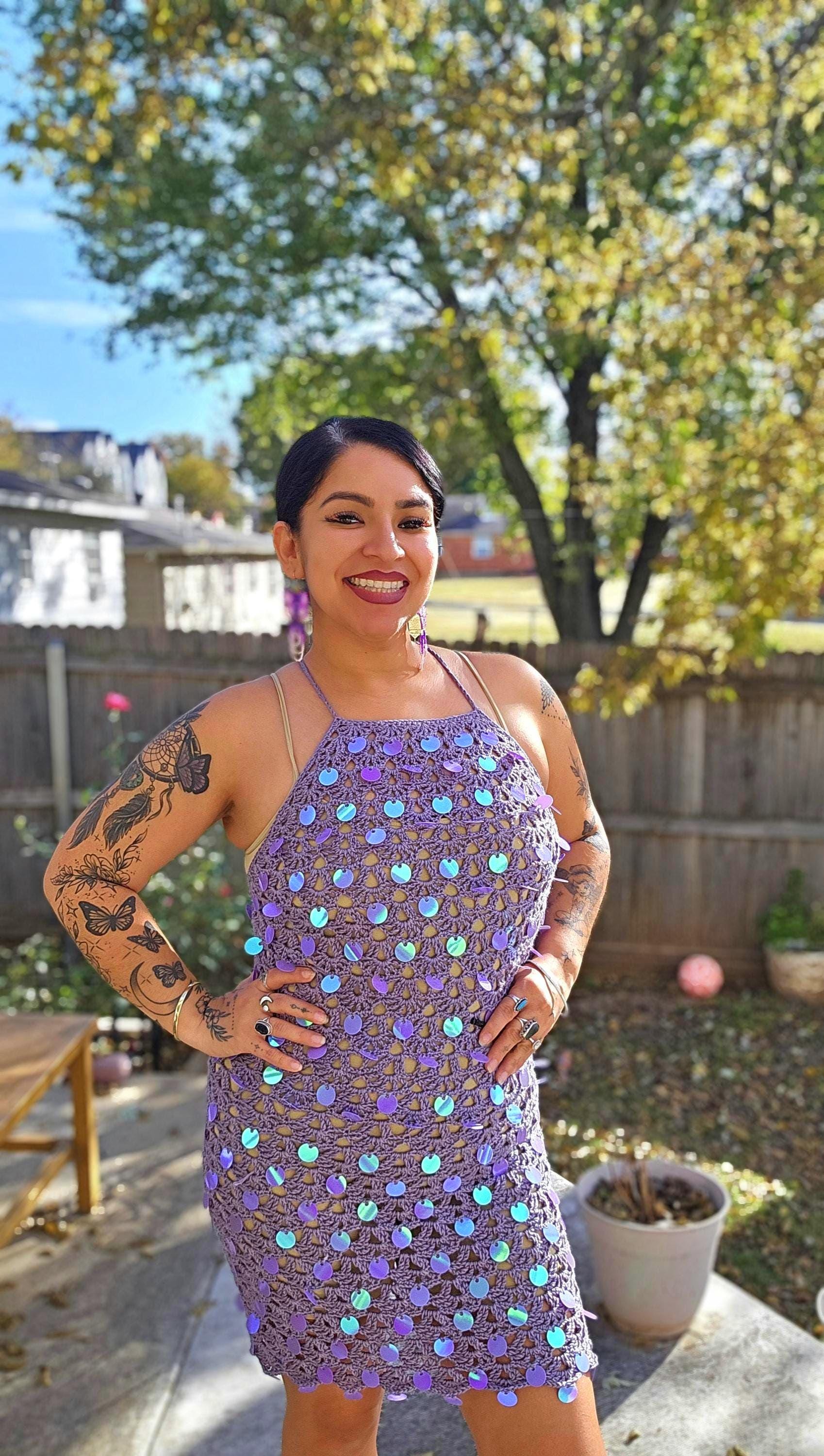 Crochet Astra Mini Dress with holographic sequins