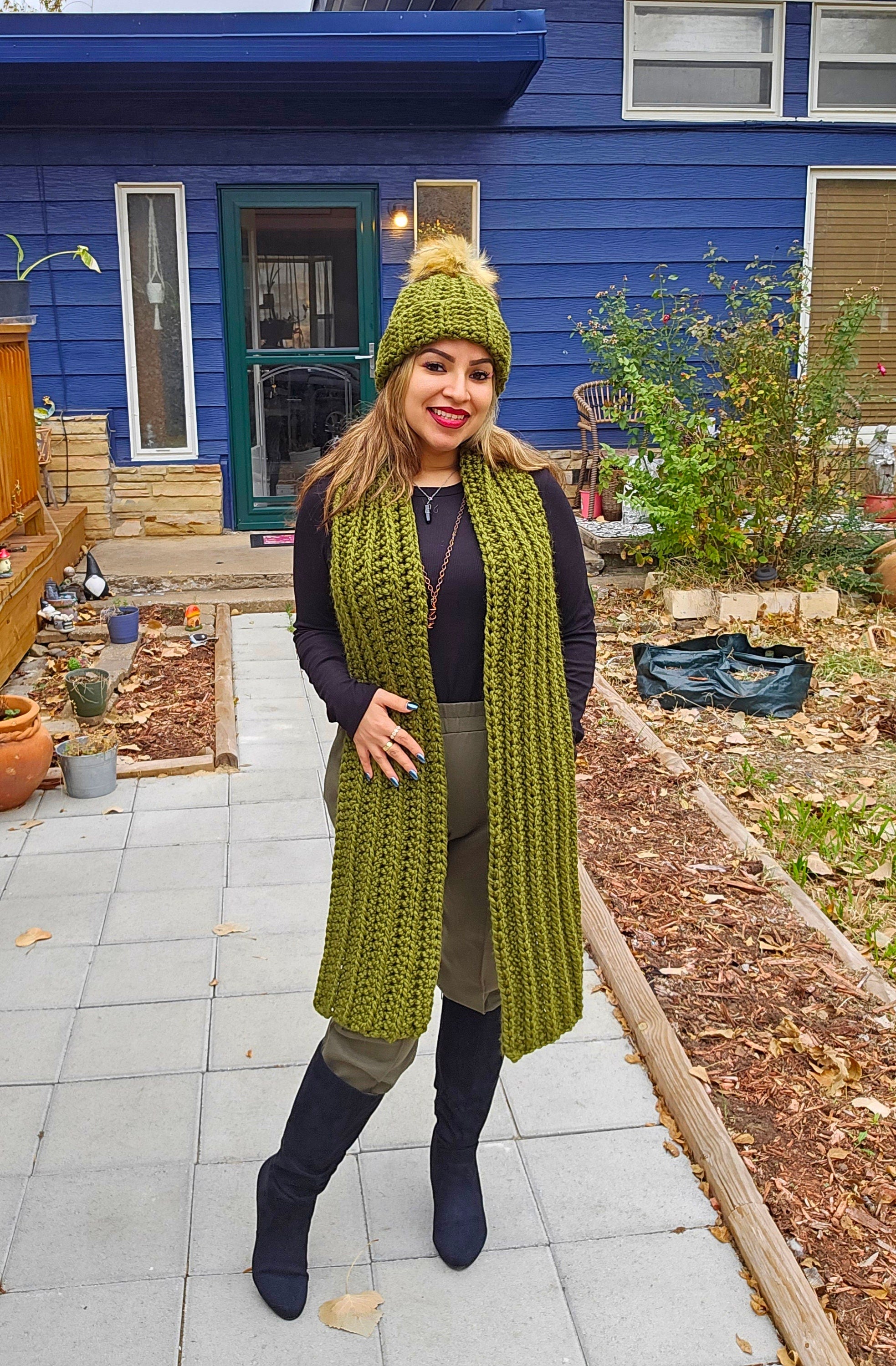 Chunky Crochet Scarf and Matching Beanie with Acrylic Pom