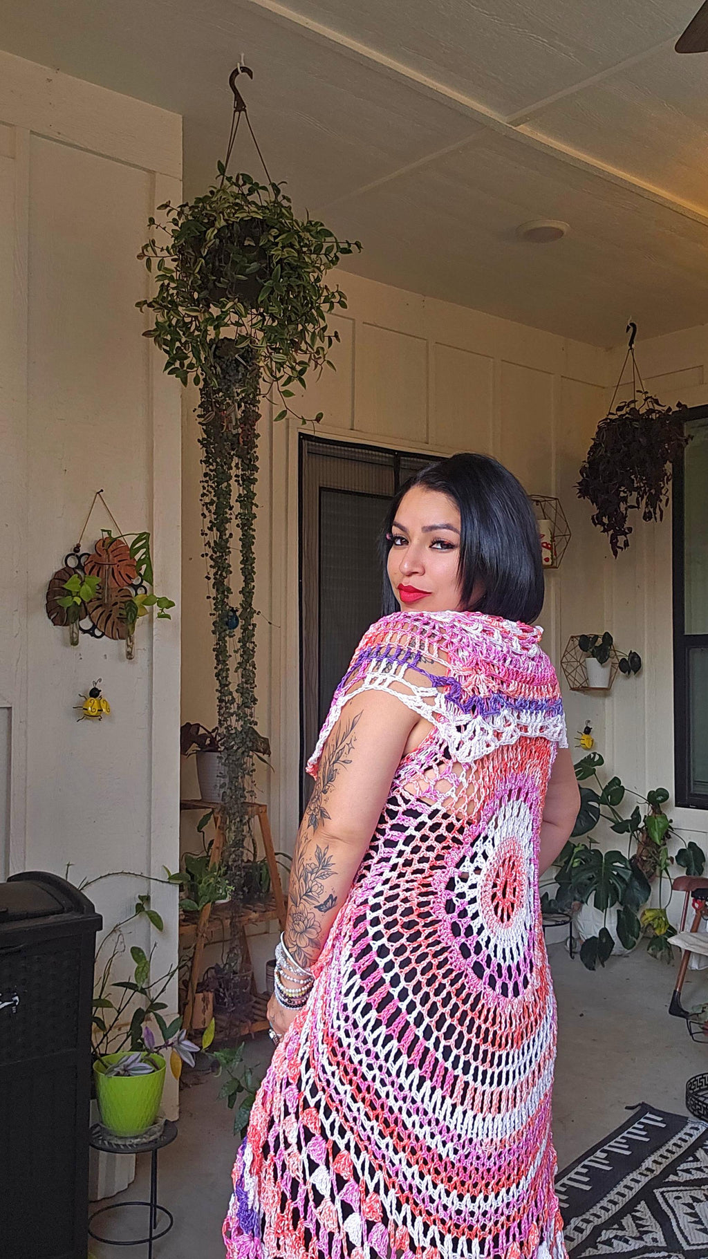 Crochet Bohemian Vest: Pink Purple Kimono Shawl