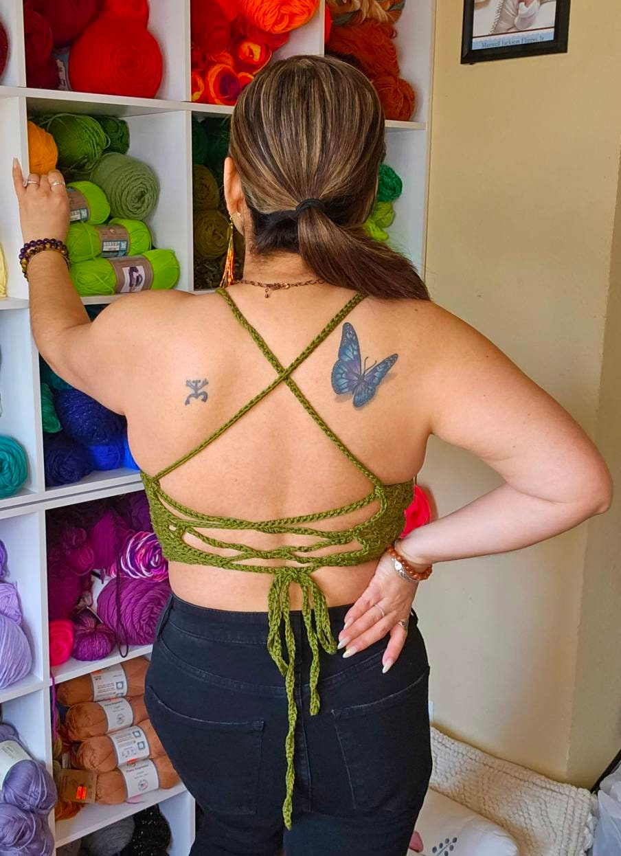 Olive Crochet Halter Top: 100% Cotton