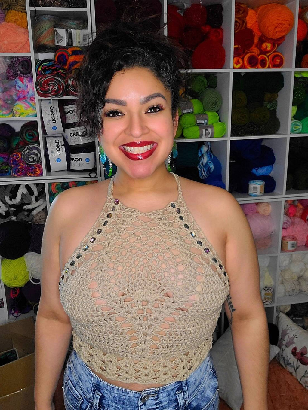 Crochet Beaded Halter Top: Tan Cotton, Size Medium