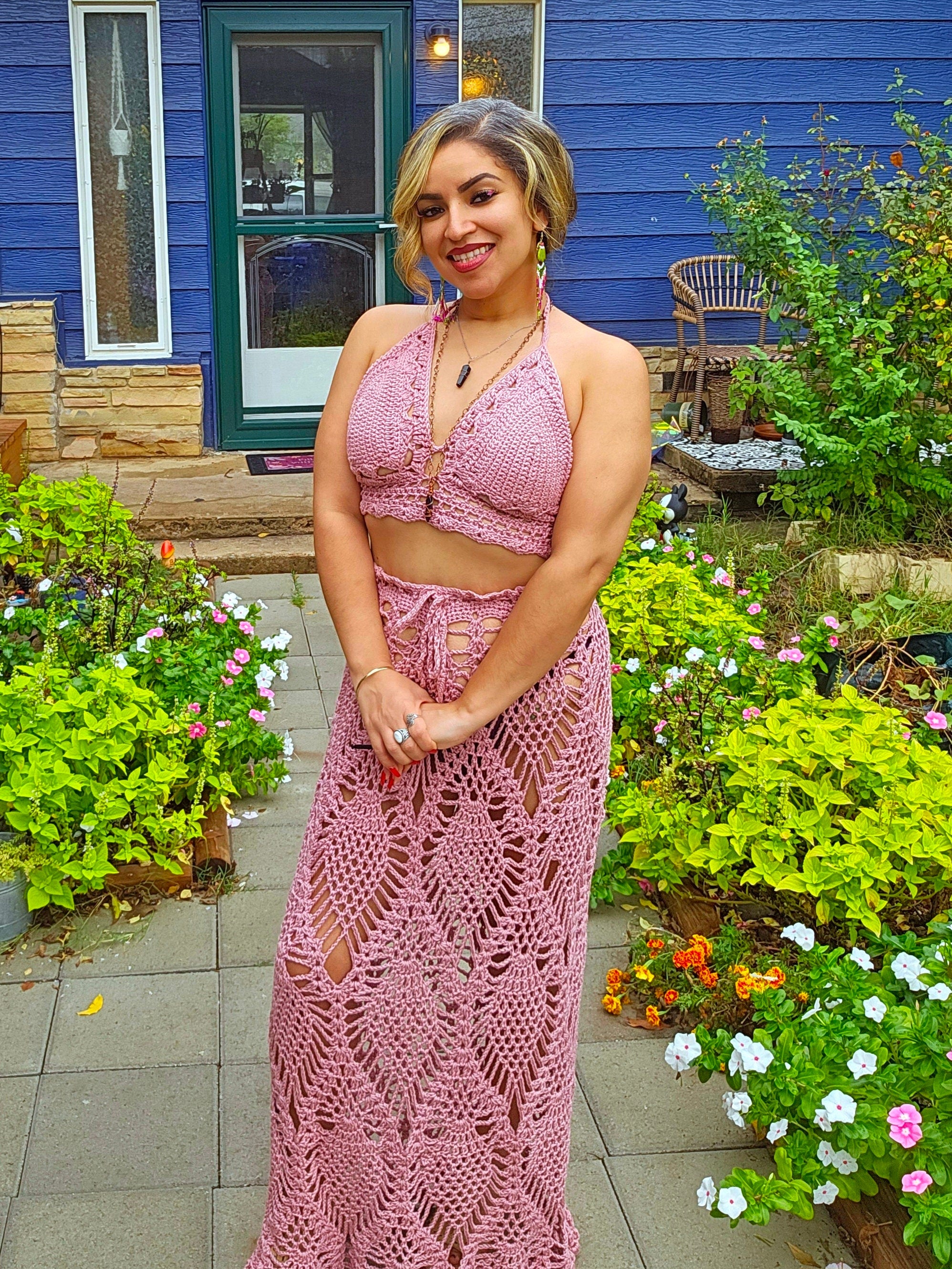 Crochet Rose Top and Skirt Set: Adjustable Cotton Knit