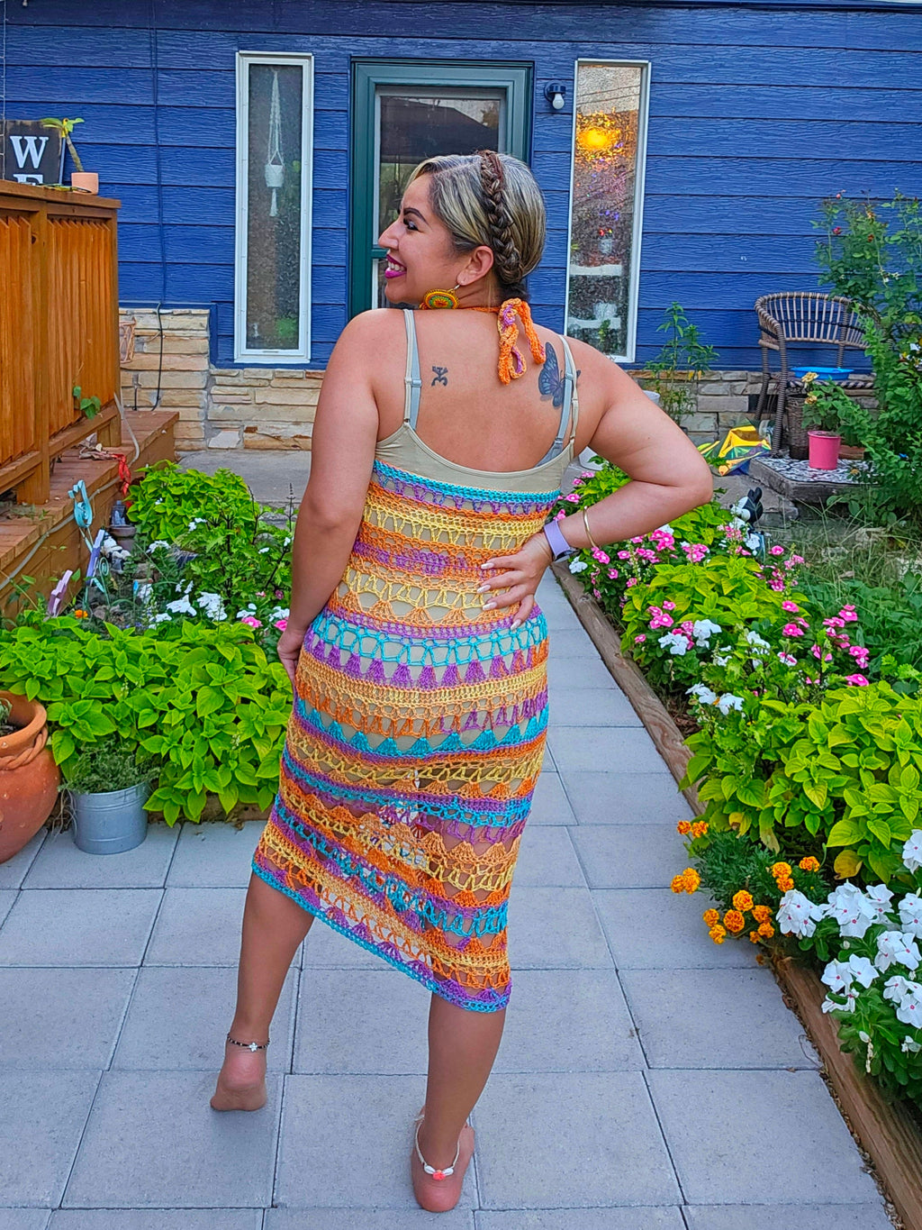 Crochet Sheer Halter Maxi Dress: Teal, Purple, Orange, Yellow - Size Medium