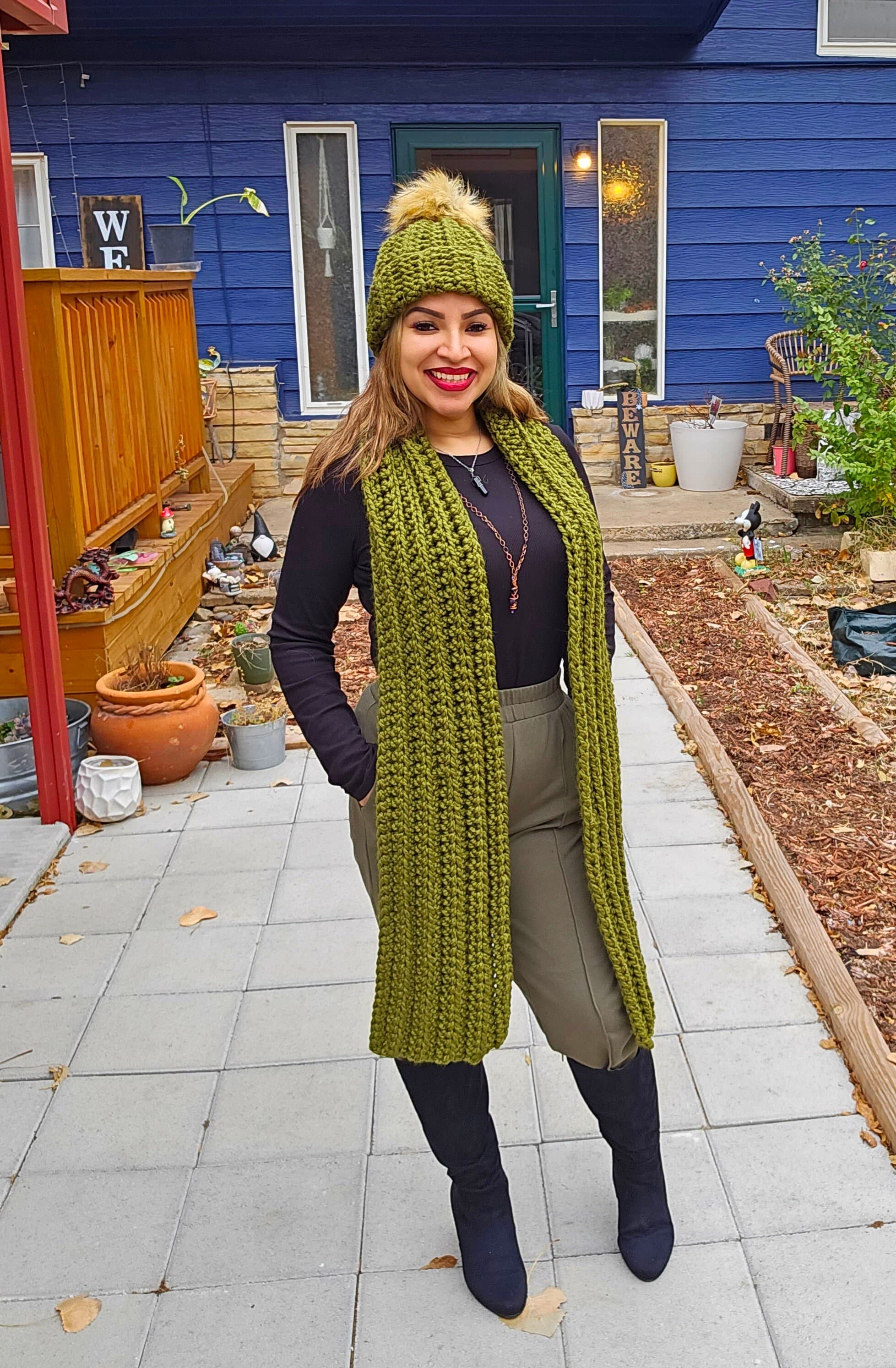 Chunky Crochet Scarf and Matching Beanie with Acrylic Pom