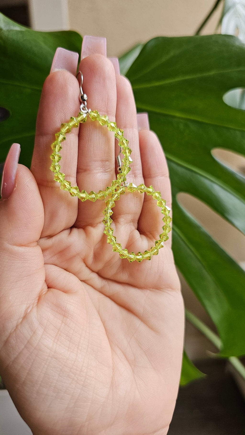 Czech Glass Green Beaded Hoop Earrings