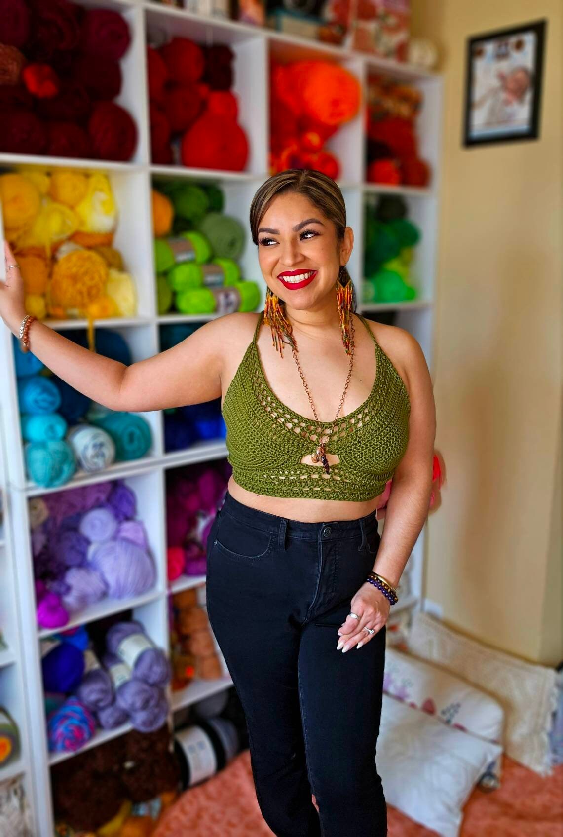 Olive Crochet Halter Top: 100% Cotton