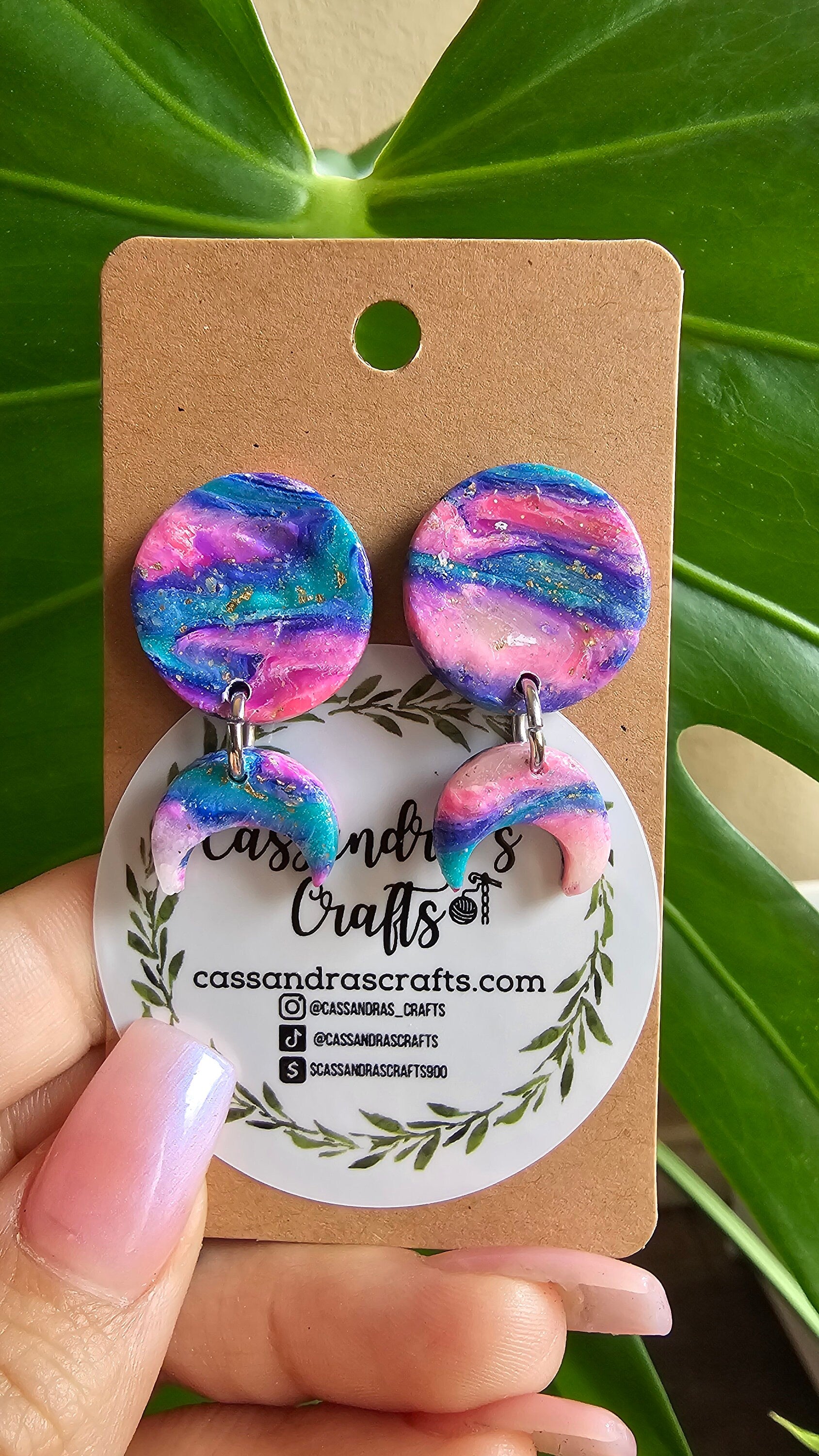 Polymer Clay Teal Pink Moon Earrings