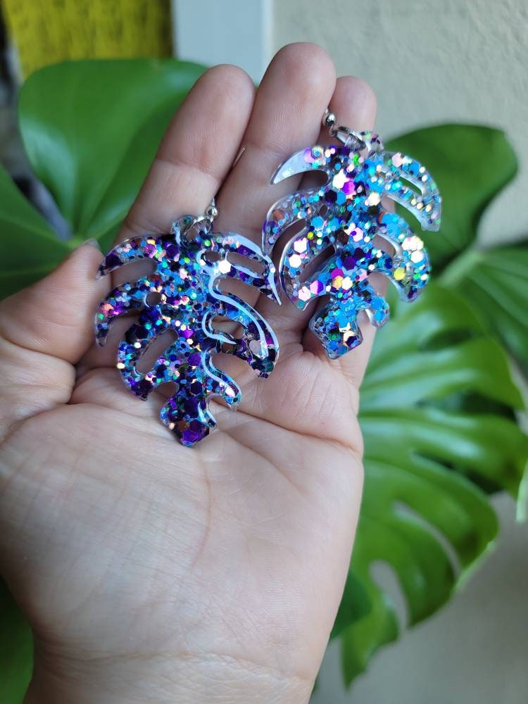 Epoxy Resin Monstera Blue Glitter Leaf Earrings